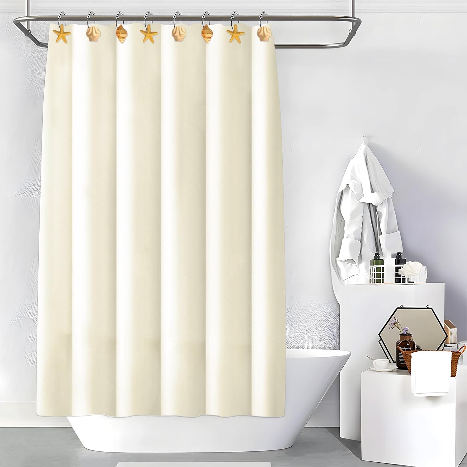 Conch Seashell Starfish Shower Curtain Hooks,Decorative Shower Curtain Rings, 12PCS Anti Rust Coastal Decorative Resin Hooks for Bathroom, Bedroom, Living Room Nautical Decor (Yellow)