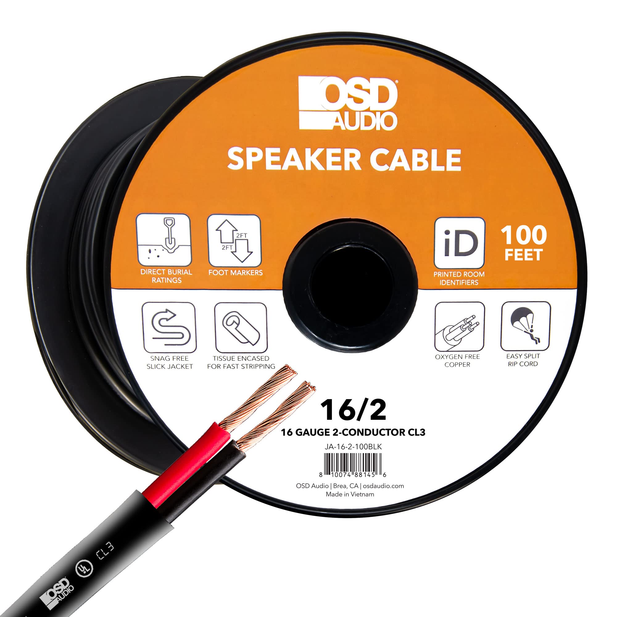 OSD Audio 16/2 Speaker Wire 16 AWG/Gauge 2 Conductor 100Ft UL List in Wall Direct Burial Graded CL2/CL3 Oxygen Free Copper OFC - Black