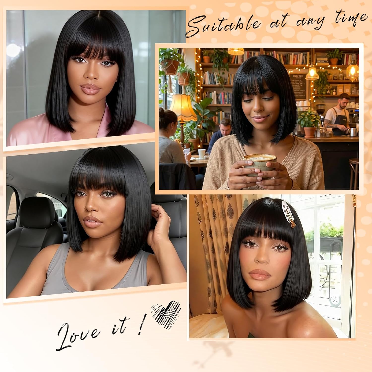 Bob Wig Human Hair with Bangs 200 Density Glueless Wigs Ready to Wear Beginner Friendly 3x1 HD Straight Lace Closure Wigs for Women Natural Black 12 Inch