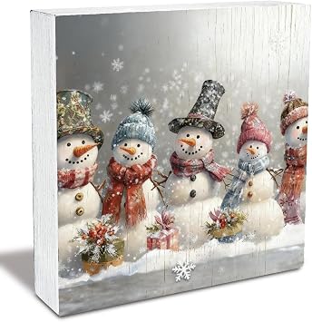 DWYIZMOT Wooden Box Sign Snowman Christmas Wood Box Signs Wood Plaque Block Sign Desk Decoration for Home Office Table Shelf Desk Decor 5x5 Inch