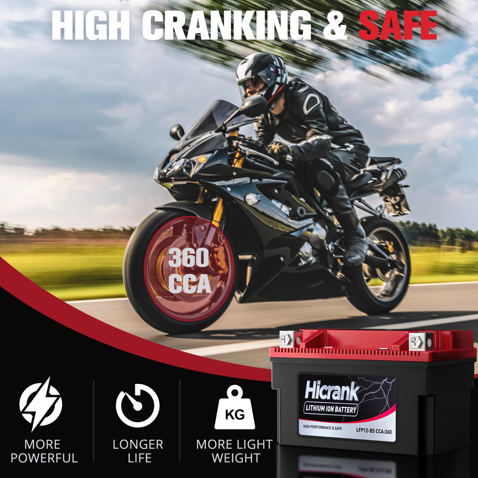 Hicrank YTX12-BS 12V 6Ah,360CCA LiFePO4 Lithium Motorcycle Battery