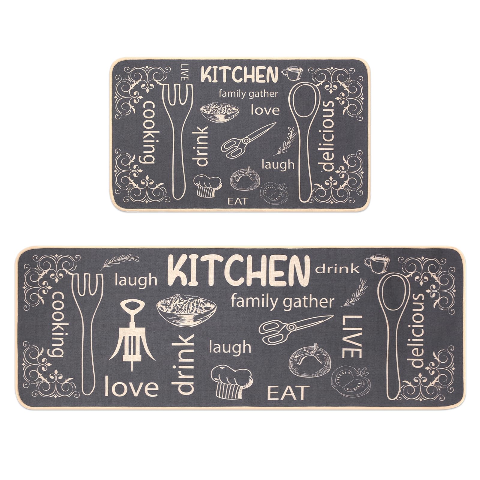 Kitchen Mats for Floor 2,Piece,Farmhouse Chef Kitchen Rugs Sets of 2,Non Slip Kitchen Mat for Floor (Black,17