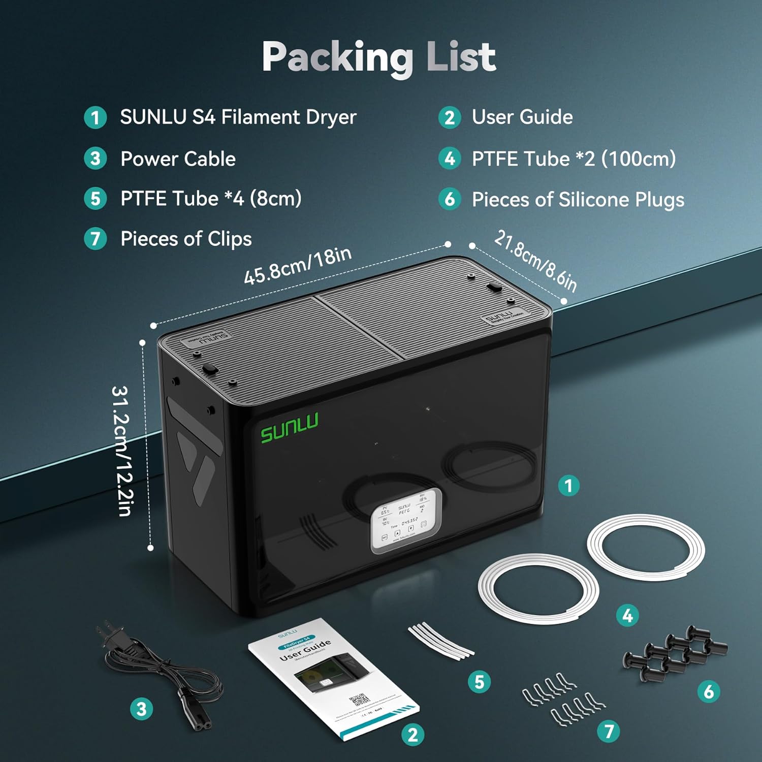 Image showing the SUNLU S4 Filament Dryer and its accessories, including power cable, PTFE tubes, silicone plugs, and clips.