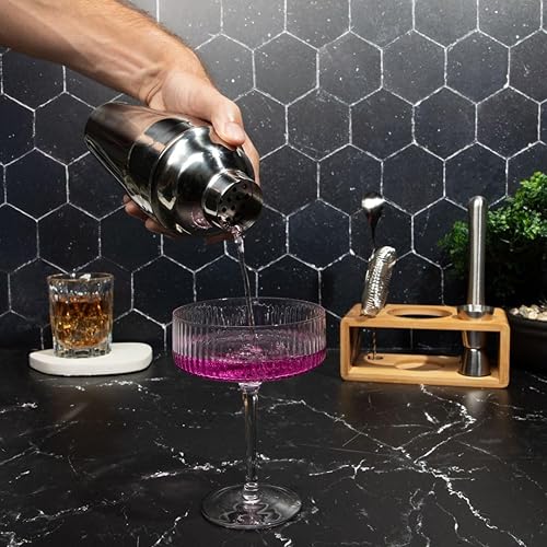 Miniatura 5 de Juego de coctelera prémium con soporte de bambú, kit de herramientas de barra de 4 piezas, juego de barman de acero inoxidable con coctelera,