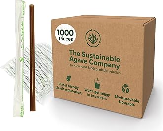 Sustainable Agave Co - Agave Fiber Individually Wrapped Drinking Straws - 1000 Count - Biodegradable, Plant-Based, Made With Upcycled Materials, Reusable - Brown, Jumbo, 8"