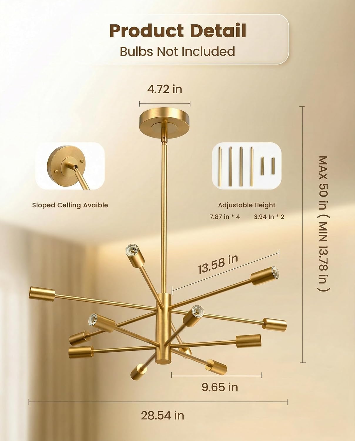 Modern Chandelier, 12-Light Sputnik Ceiling Light Fixture, Mid Century Height Adjustable Sputnik Chandeliers for Dining Room, Kitchen Island, Living Room, Bedroom - Gold