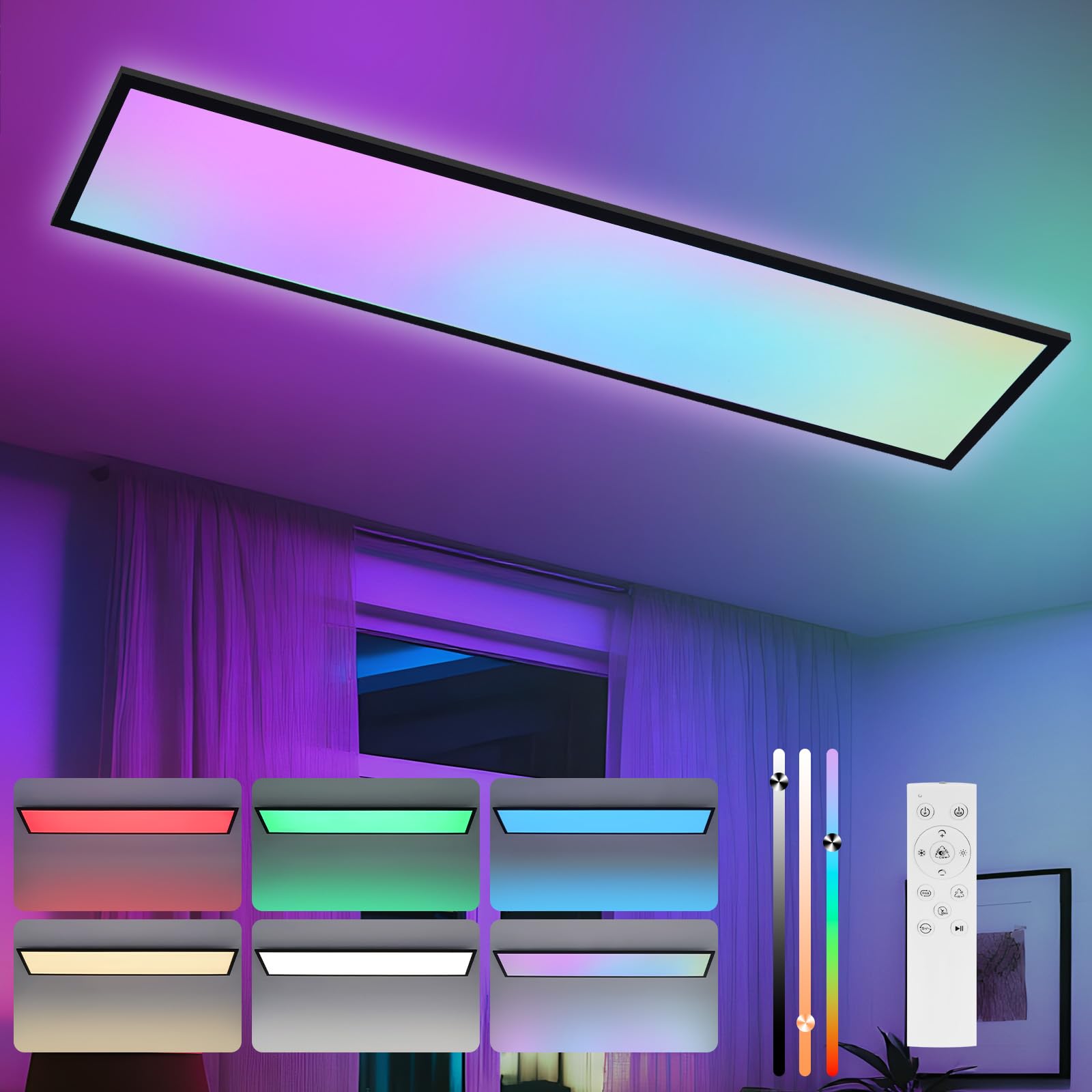 CBJKTX LED Panel 120x30 Dimmbar - Deckenpanel Lang RGB Farbwechsel Büro | Deckenleuchte Flach mit Fernbedienung Bürolampe Decke 39W Schwarz Groß Rechteckig Deckenlampe für Wohnzimmer Korridor Garage