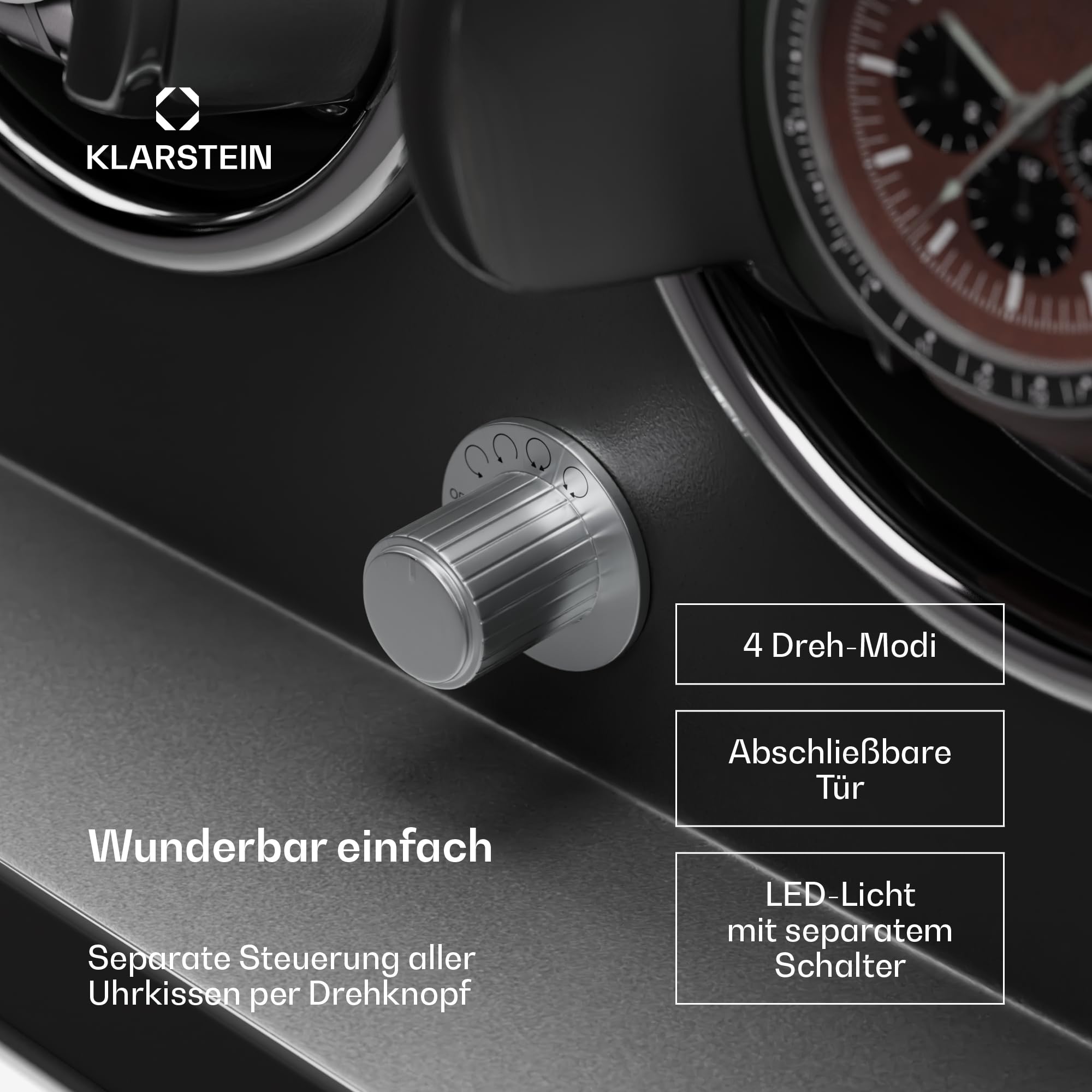Klarstein Uhrenbeweger für Automatikuhren, Automatik-Uhrenbeweger für 3 Uhren, Automatikuhr Uhrenbeweger mit Acryl-Tür, Automatischer Uhrenbeweger, Blaue LEDs, Watch Winder mit 5 TPD Einstellungen