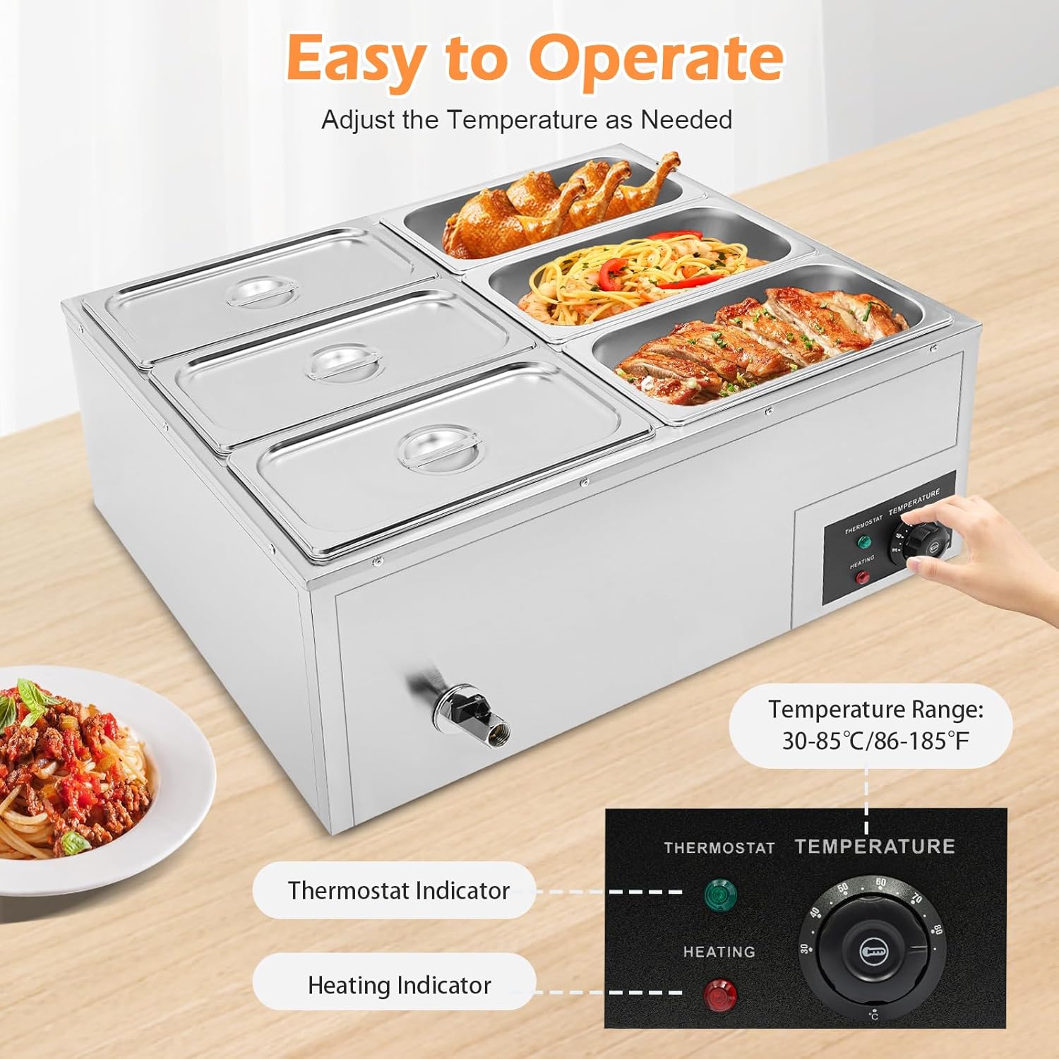 6-Pan Commercial Food Warmer, 850W Electric Stainless Steel Steam Table with Lid & Handle, Countertop Bain Marie Buffet Food Warmer for Home, Catering and Restaurants