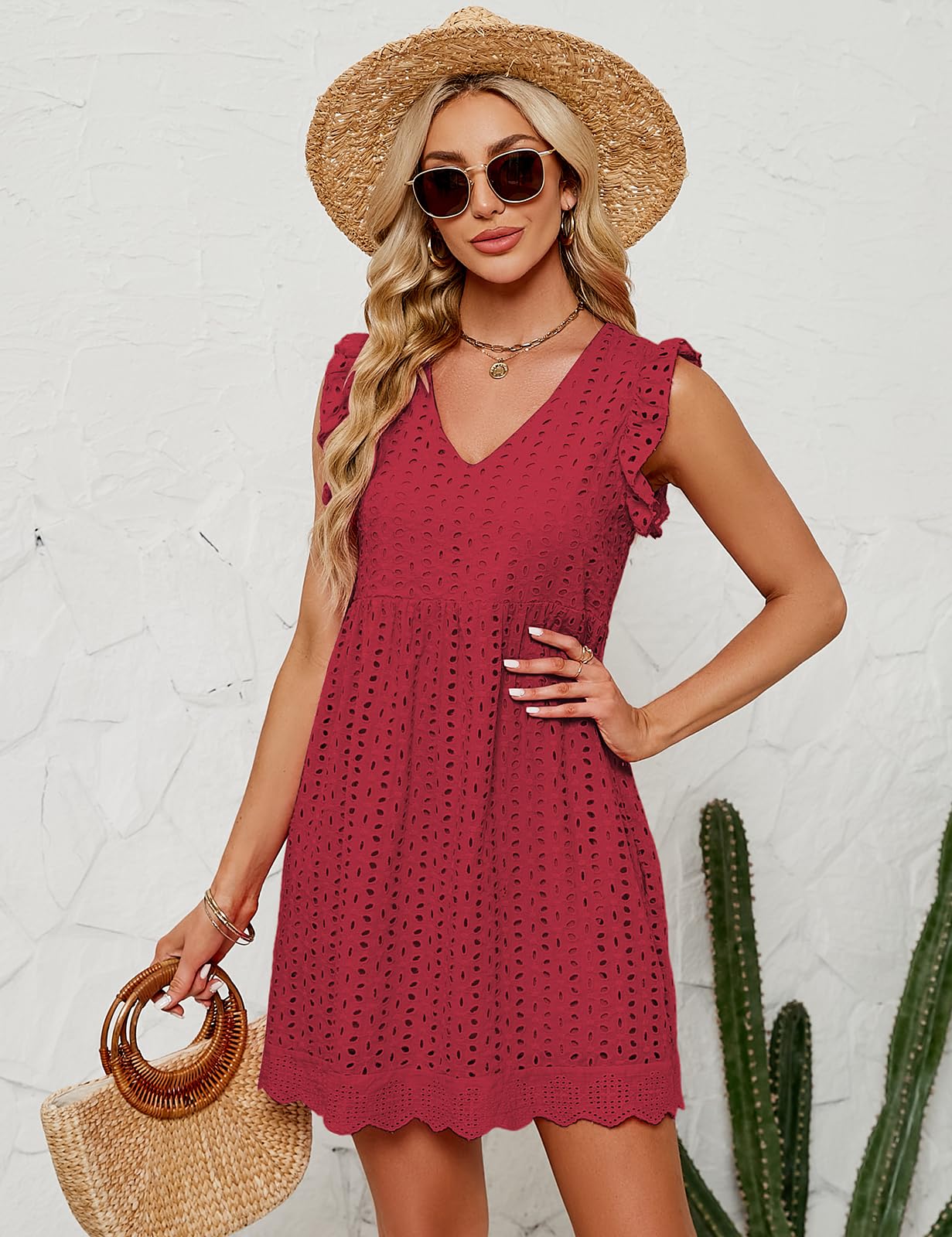 heekpek Vestidos Verano Mujer Sin Mangas con Volantes Algodón Cuello V Mini Vestido Sueltos Hueco de Flores Jacquard Cómodo Casual Vestidos de Playa con Bolsillos