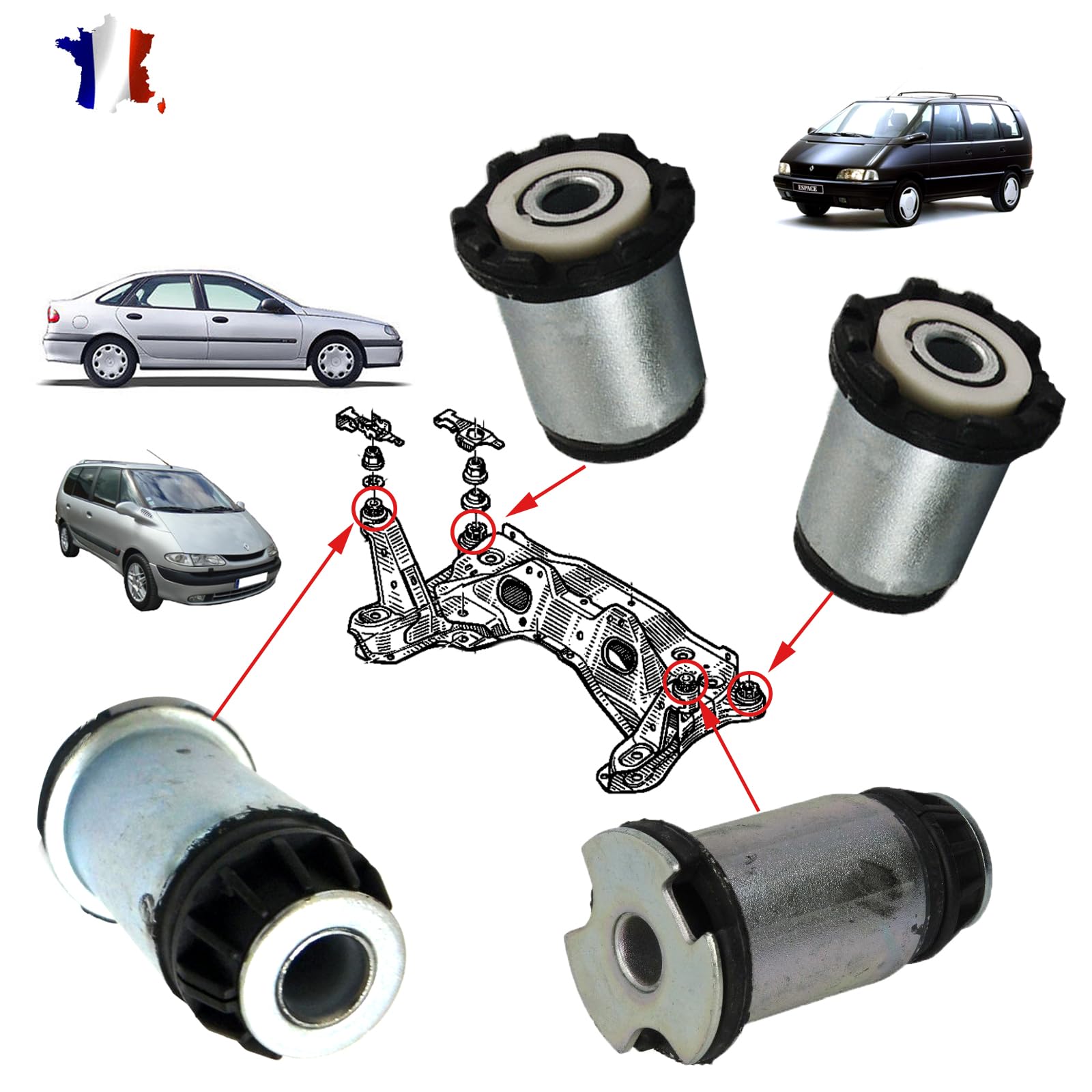 Partsline Kit 4 Silentblocs de berceau avant (2 avant + 2 arrière) compatible avec Espace III, Laguna I équivalent à 7700824709, 7700826216