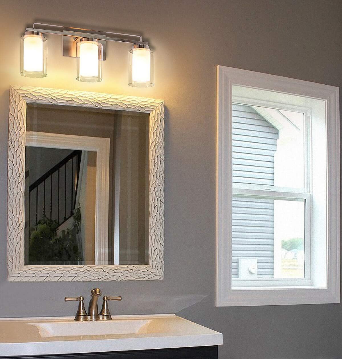 Frее Shірріng 🛒 Wall Light 3 Light Bathroom Vanity Lighting with Dual Glass Shade in Brushed Nickel Indoor Modern Wall Mount Light for Bathroom & Kitchen XiNBEi-Lighting XB-W1195-3-BN