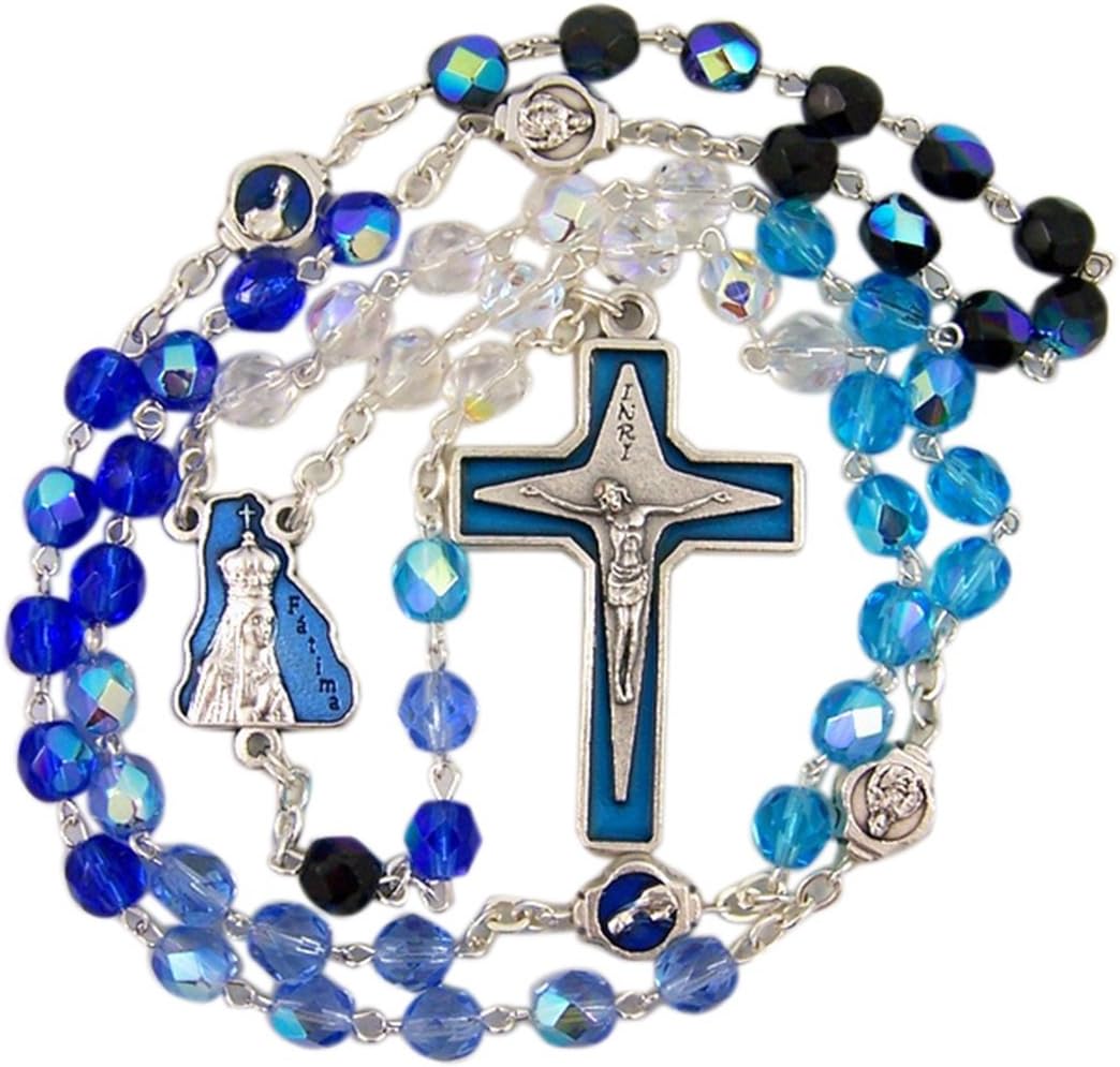 Blue Glass Our Lady of Fatima Rosary with Enameled Our Father Prayer Beads, 16 Inch - Image 2