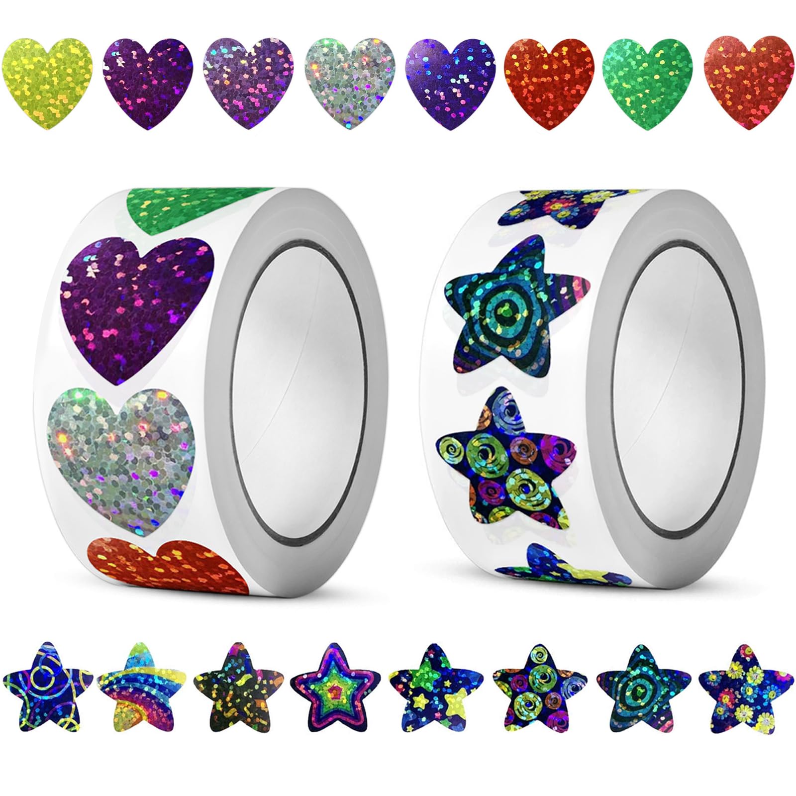 1000 Pcs Glitter Heart and Round Stickers, 2 Rolls Sparkly Self Adhesive Love Stickers for Kids Reward, Foil Art Sticker Roll for Scrapbooking, Envelopes, Wedding, Birthday Party