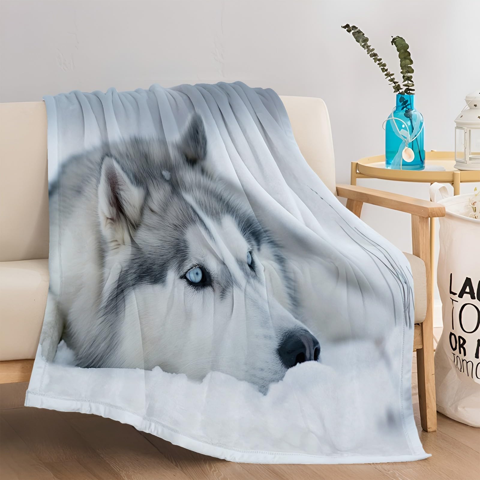 Générique Plaid Couverture Polaire Flanelle Husky des Neiges 180x220 cm Imprimé 3D Couverture de Canapé Jeté de Lit Couverture de Voyage Douce et Chaude pour Adulte et Enfants