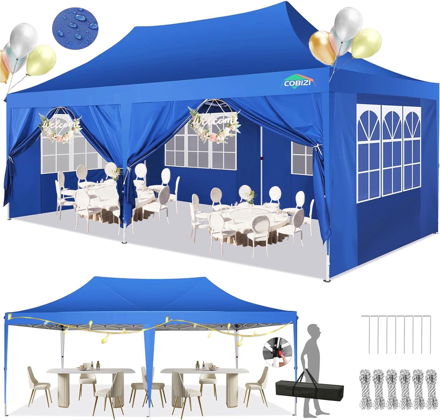 COBIZI Gazebo 3x6 Pieghevole Impermeabile con 6 Parete Laterale, Gazebo Esterno resistente 3x6 per Feste Campeggio Spiaggia Giardino Commerciale, Tendone Portatile(3 per 6m Blu)