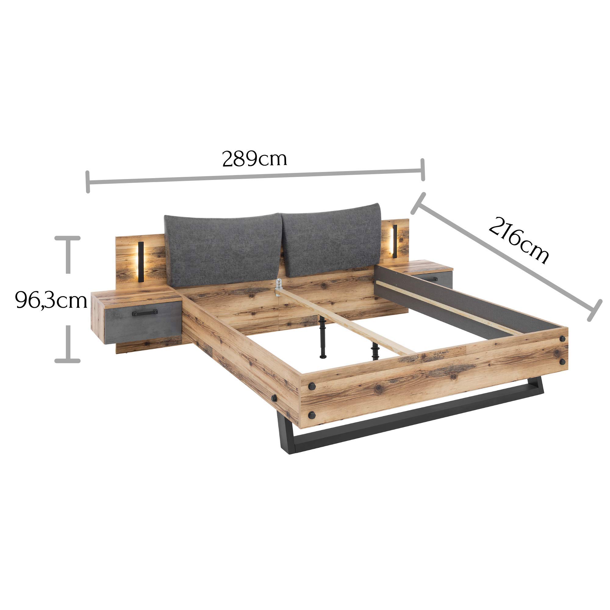 Stella Trading DOVER Stilvolle Doppelbett Bettanlage mit Nachtkommoden & LED-Beleuchtung 180 x 200 cm - Schlafzimmer Komplett-Set in Alpine Lodge Optik, Betonoxid - 289 x 97 x 216 cm (B/H/T)