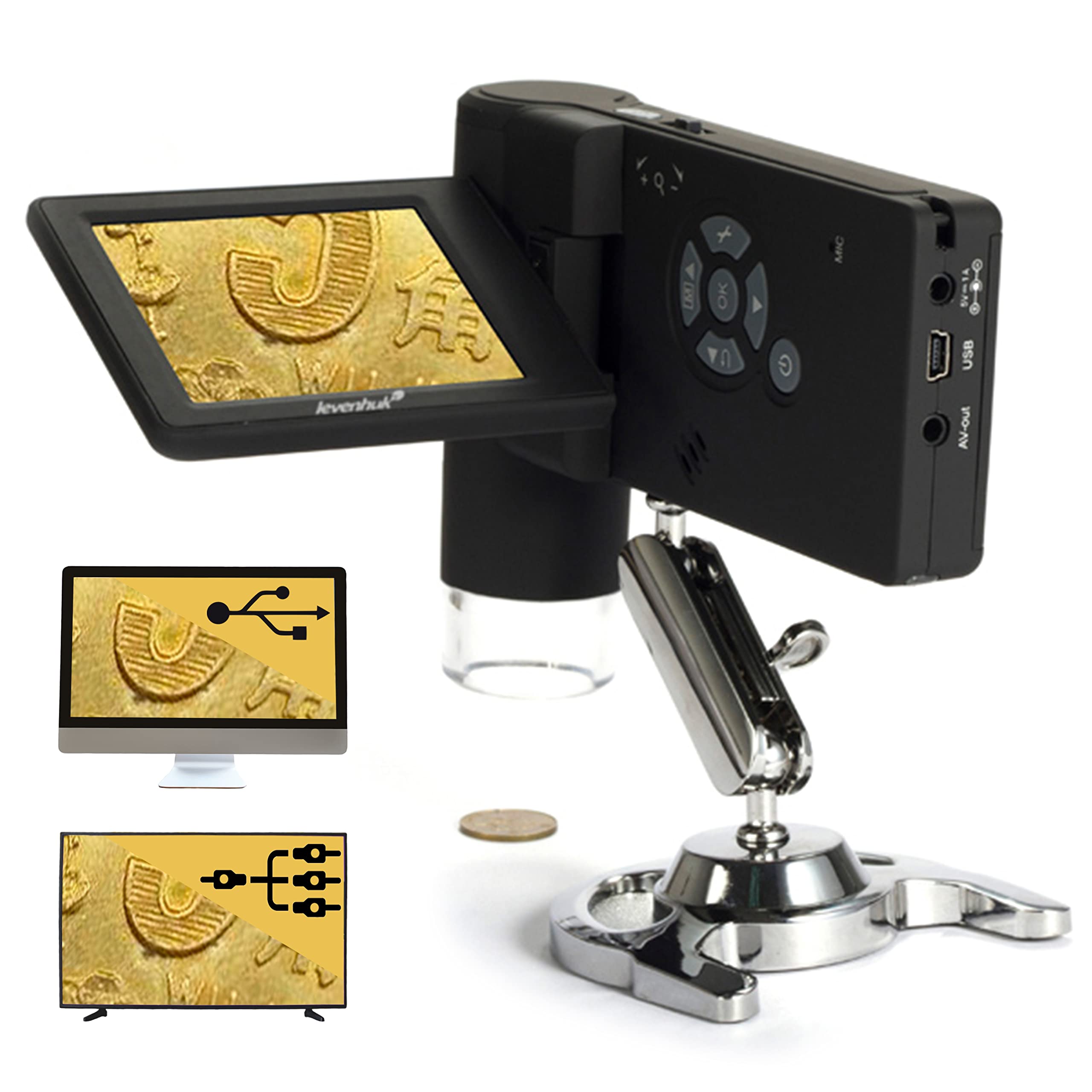 Microscopio Digitale Portatile USB Levenhuk DTX 500 (20–500x) con Schermo Lcs per L’Osservazione di Qualsiasi Superficie, Sia In Casa Che All’Aperto