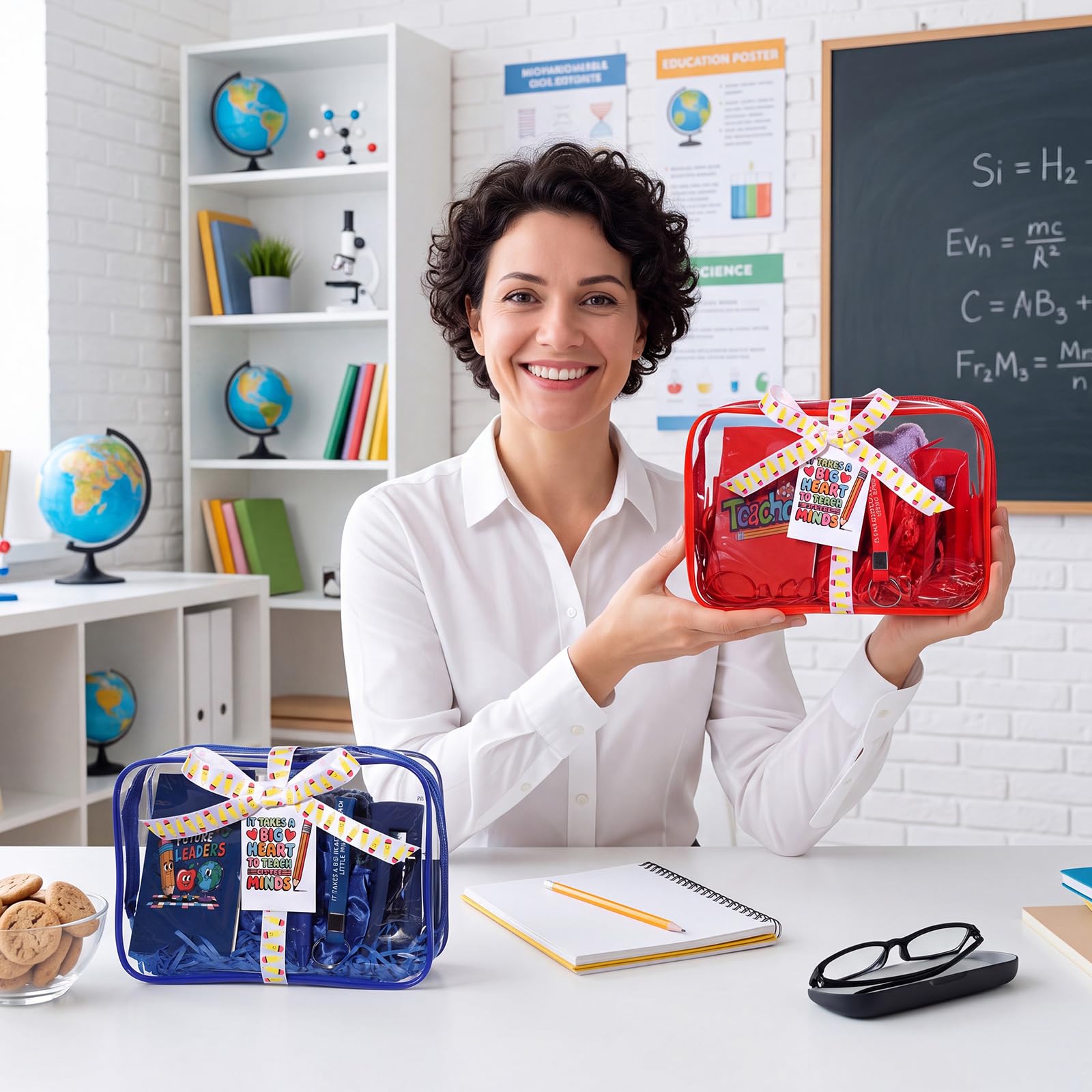 Janmercy Set da 55 pezzi/6 set di regali per insegnanti di ritorno a scuola per donne insegnante apprezzamento regalo di ringraziamento borse trucco penne clip per capelli mini notebook portachiavi