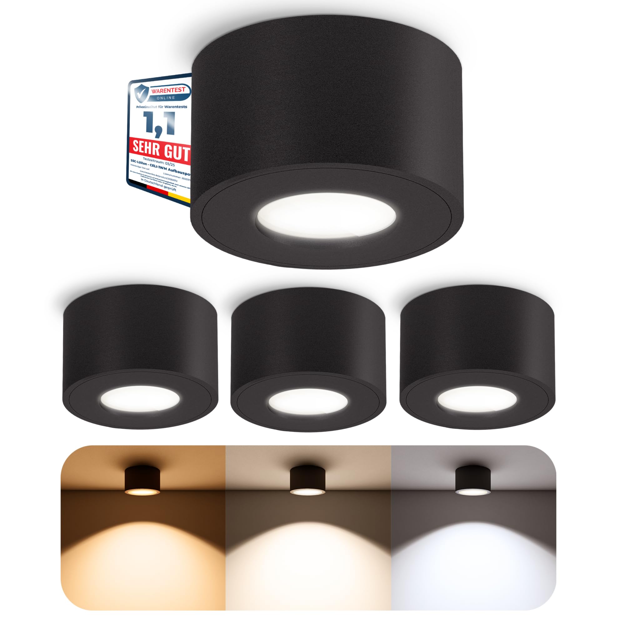 SSC-LUXon 4er Set CELI-1 Spot Aufbauspot IP44 dimmbar schwarz mit LED Leuchtmittel 230V - Badezimmer Aufbauleuchte warmweiß 4W