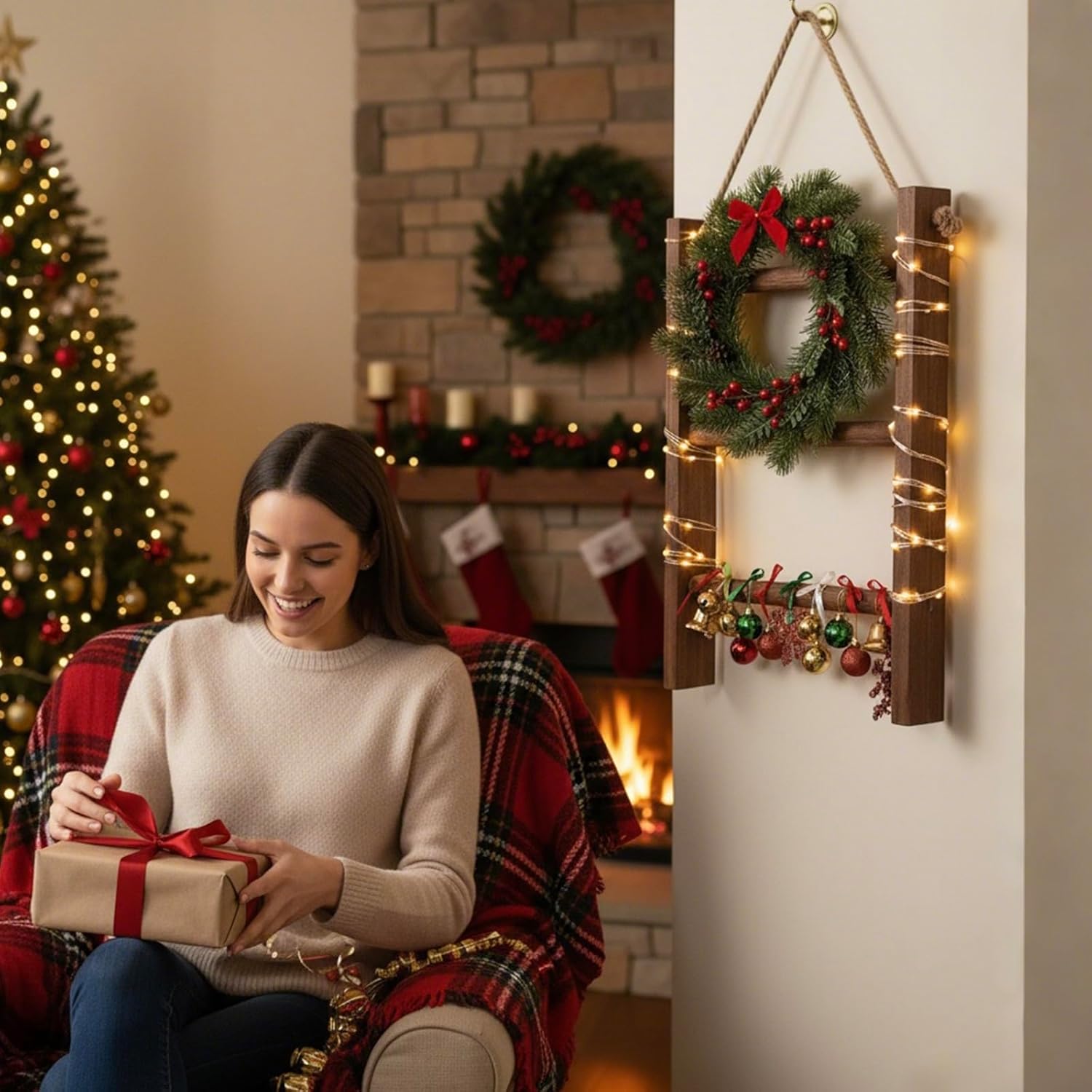 MyGift Rustic Dark Brown Wood Wall Hanging 3 Tier Hand Towel Ladder Rack, Bathroom Towel Storage Rack with Top Rope