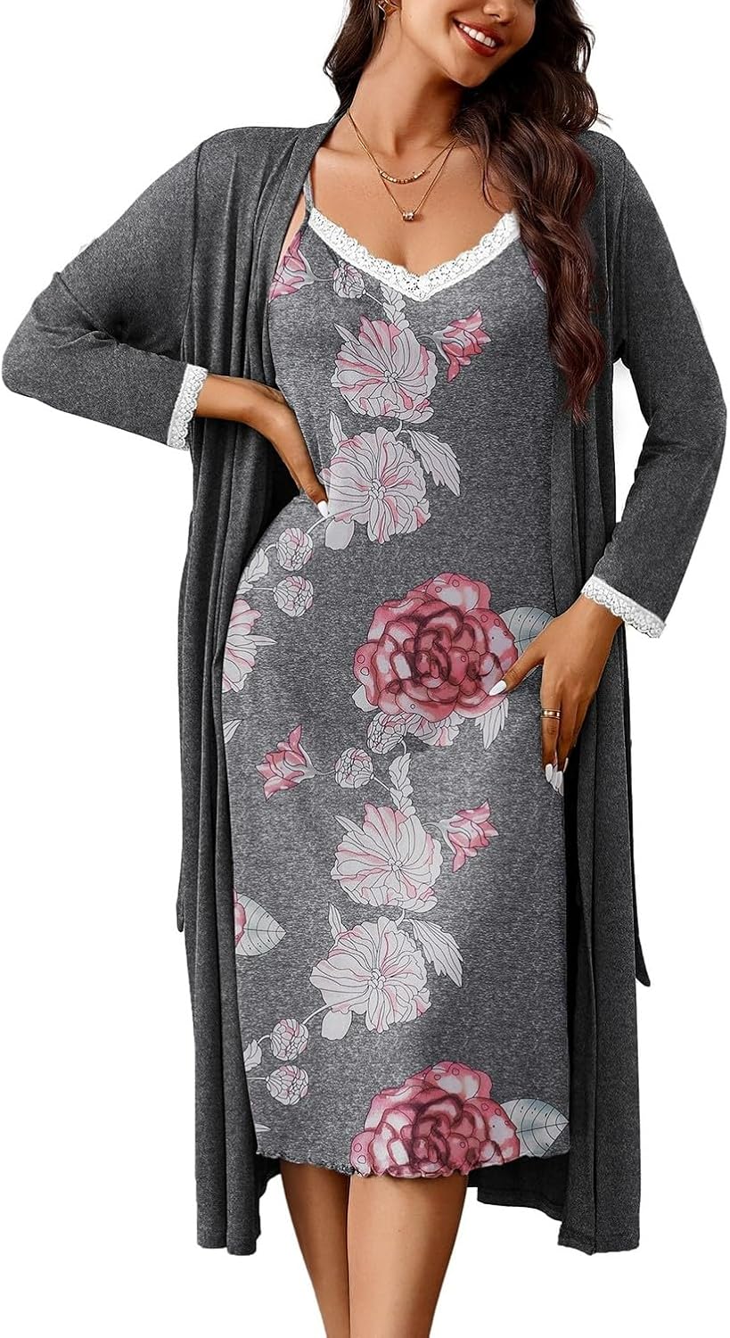 Ekouaer Women’s Sexy Nightgown with Robes Set 2 Piece Lace Full Length Knit Soft Nightwear Lightweight Bathrobes S-XXL