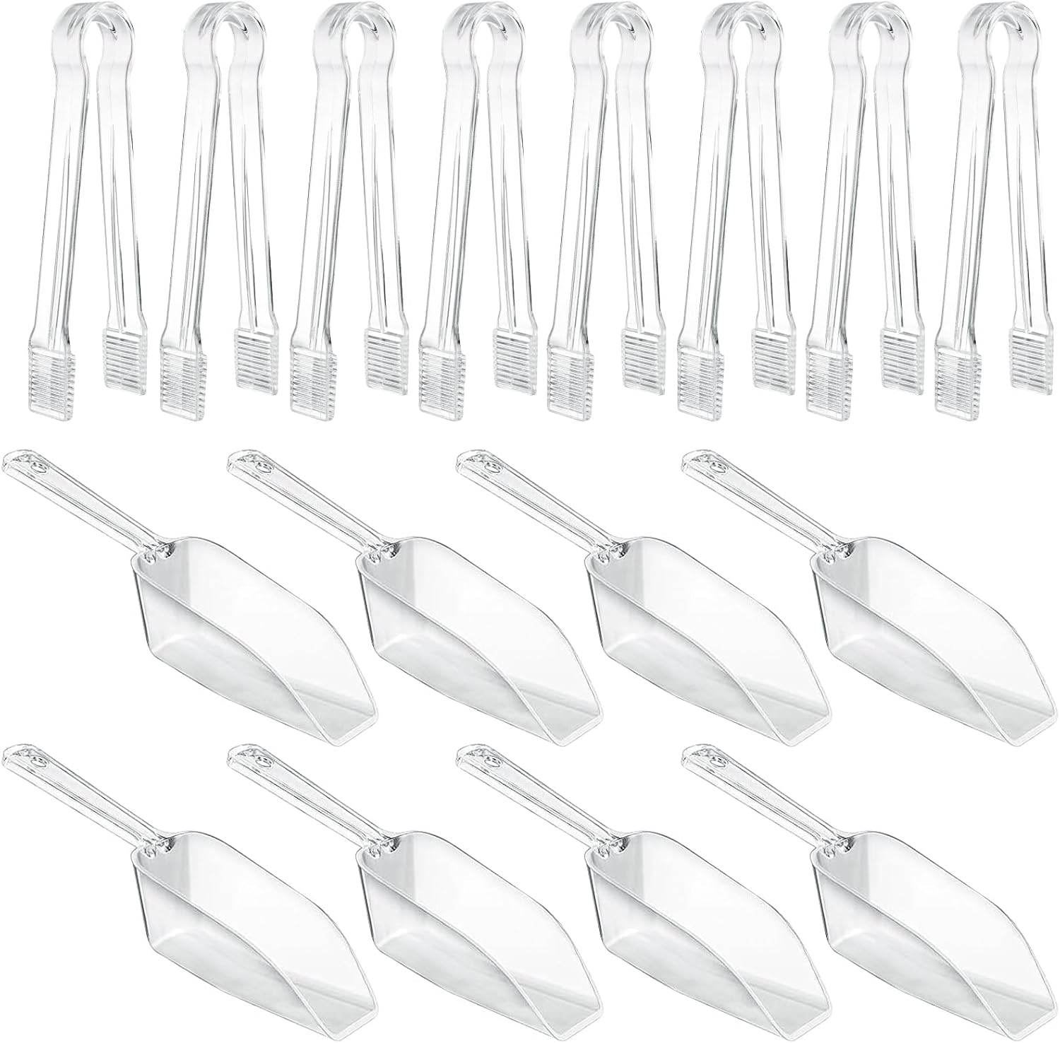 16Pcs Clear Plastic Ice Tongs and Scoops, Mini Serving Tongs and Buffet Scoop for Cocktail Whiskey Tea Party Candy Dessert Buffet