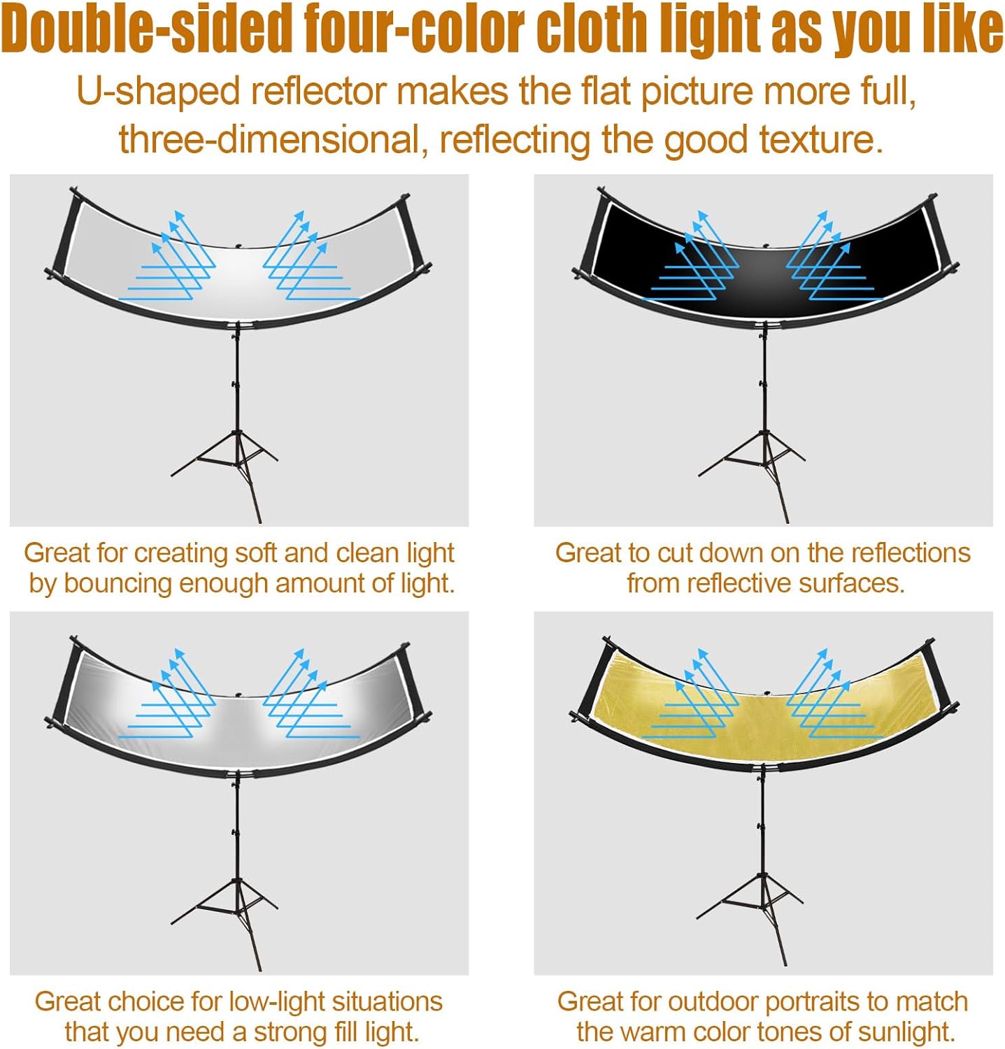 Clamshell Light Reflector Diffuser with Stand and Carrying Bag, 70"x24"/180x60cm Arclight Curved Lighting Reflector for Photo Studio Photography with White/Gold/Silver/Black Colors by MCCKLE