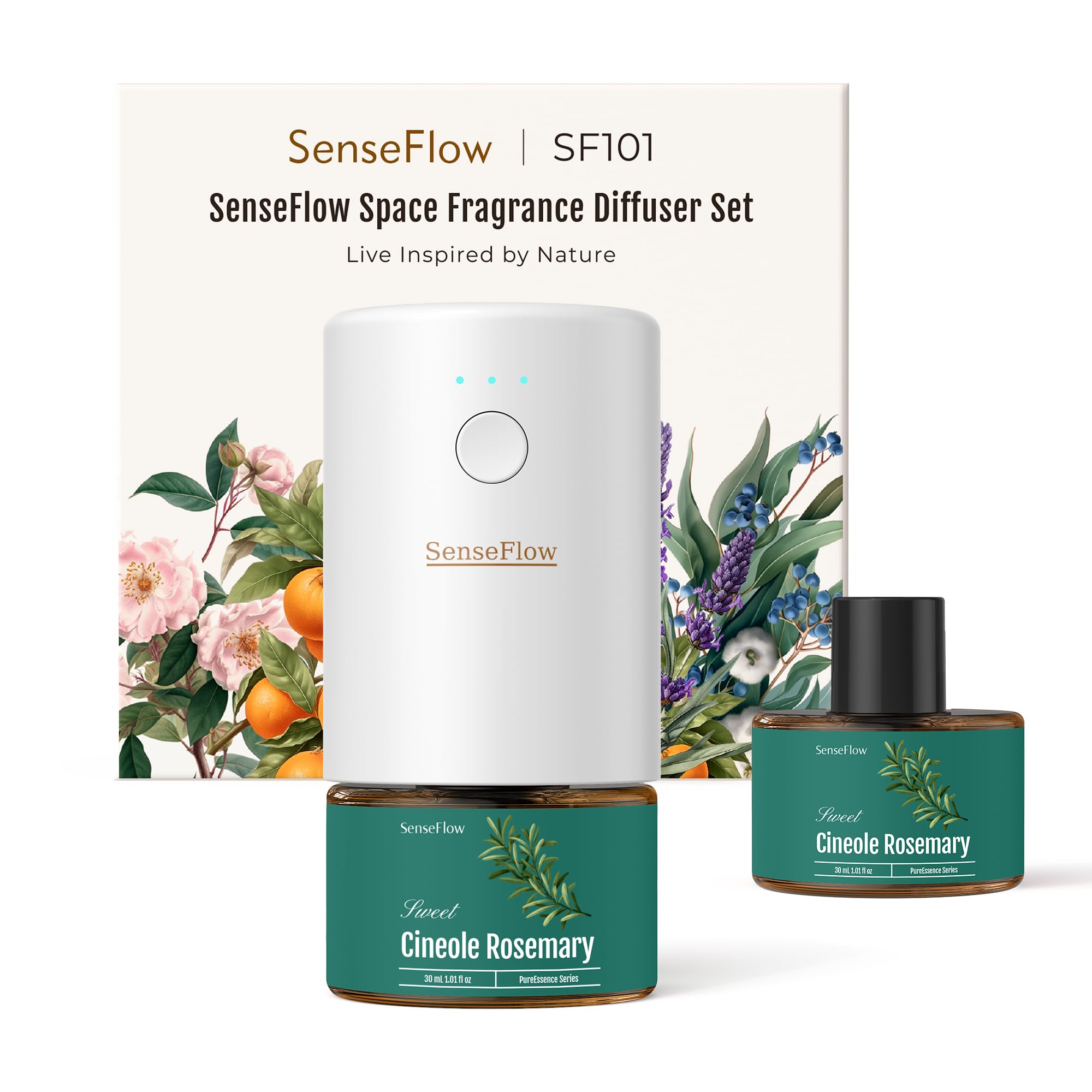 Space Fragrance Diffuser SF101 - Adjustable Natural Atomizer Essential Oil Kit with 40-Day Long-Lasting Aroma, LED Light, Ideal for Home, Hotel, Studio - Cineole Rosemary