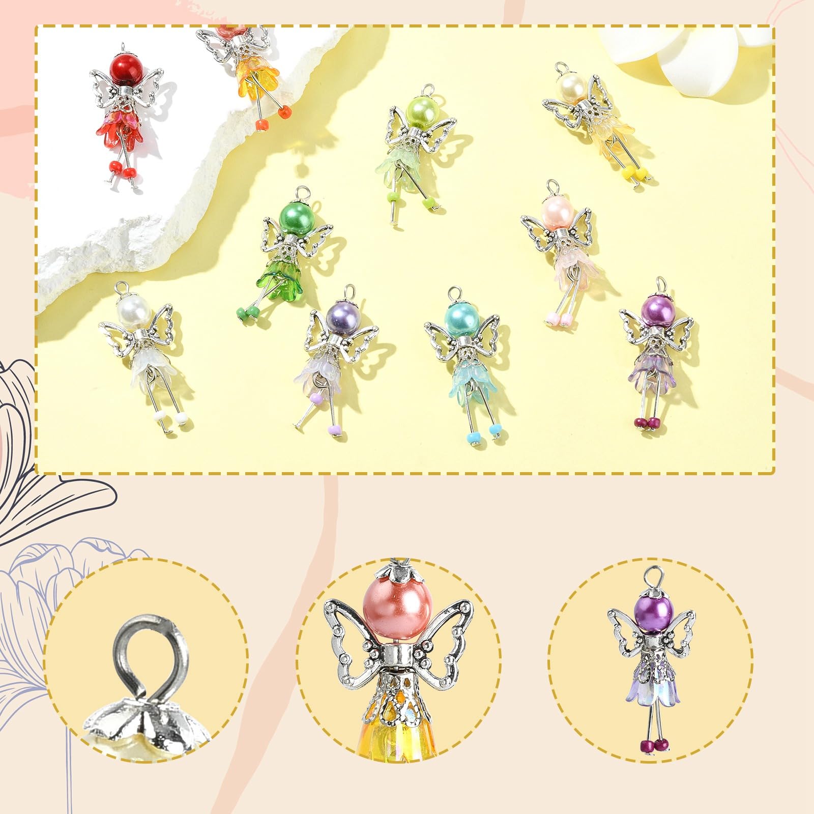 UR URLIFEHALL 50 Pcs 10 Styles Guardian Angel Charms Colourful Round Flower Beads with Fairy Wing Charms for Crafting Jewellery Making Keychain - Image 3