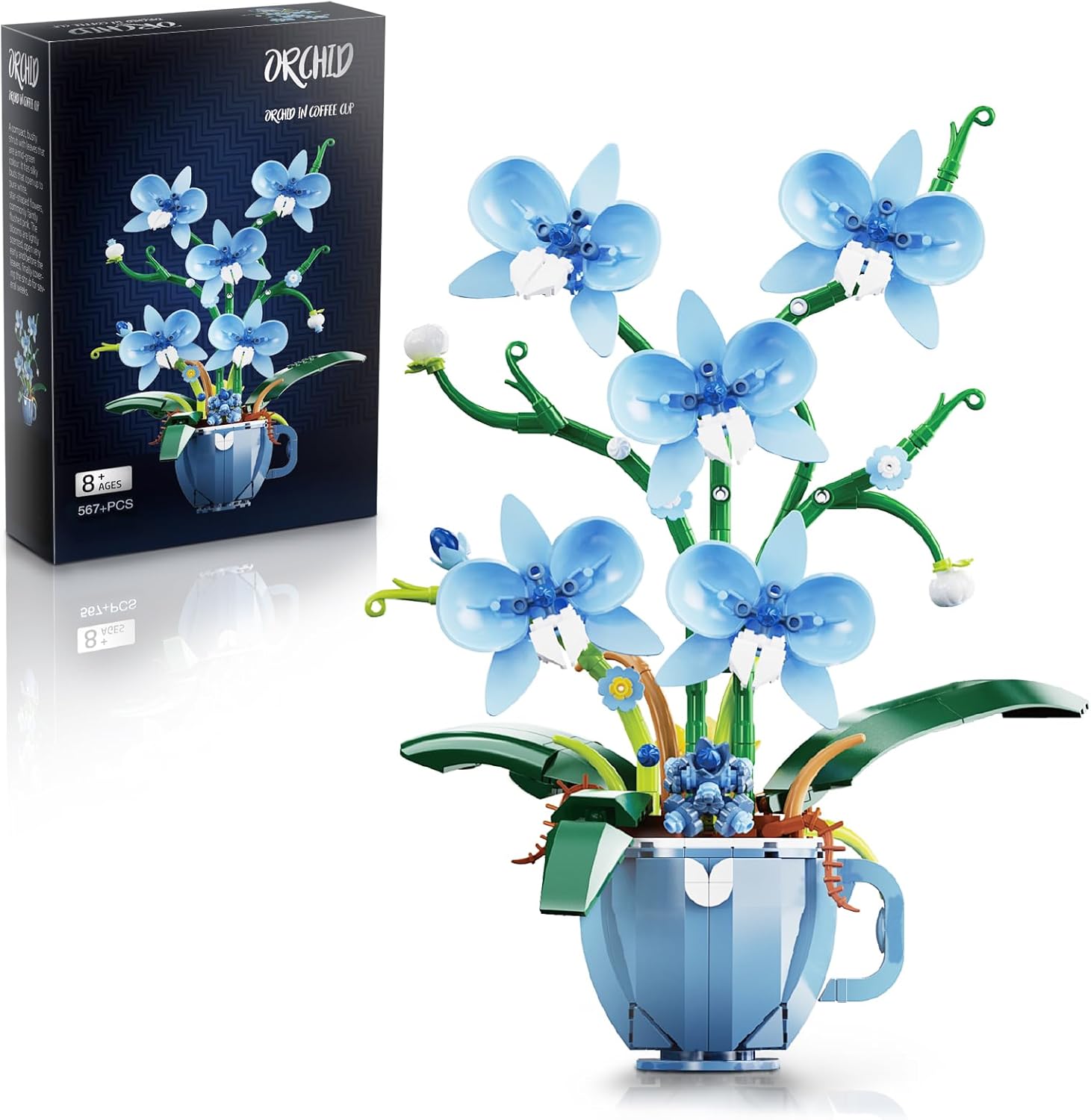 Blue Orchid Flower Building Block Set with Coffee Cup Vase, Compatible with Lego Flowers, Botanical Collection for Home & Office Decor, Gifts for Christmas Day, Valentines 567pcs