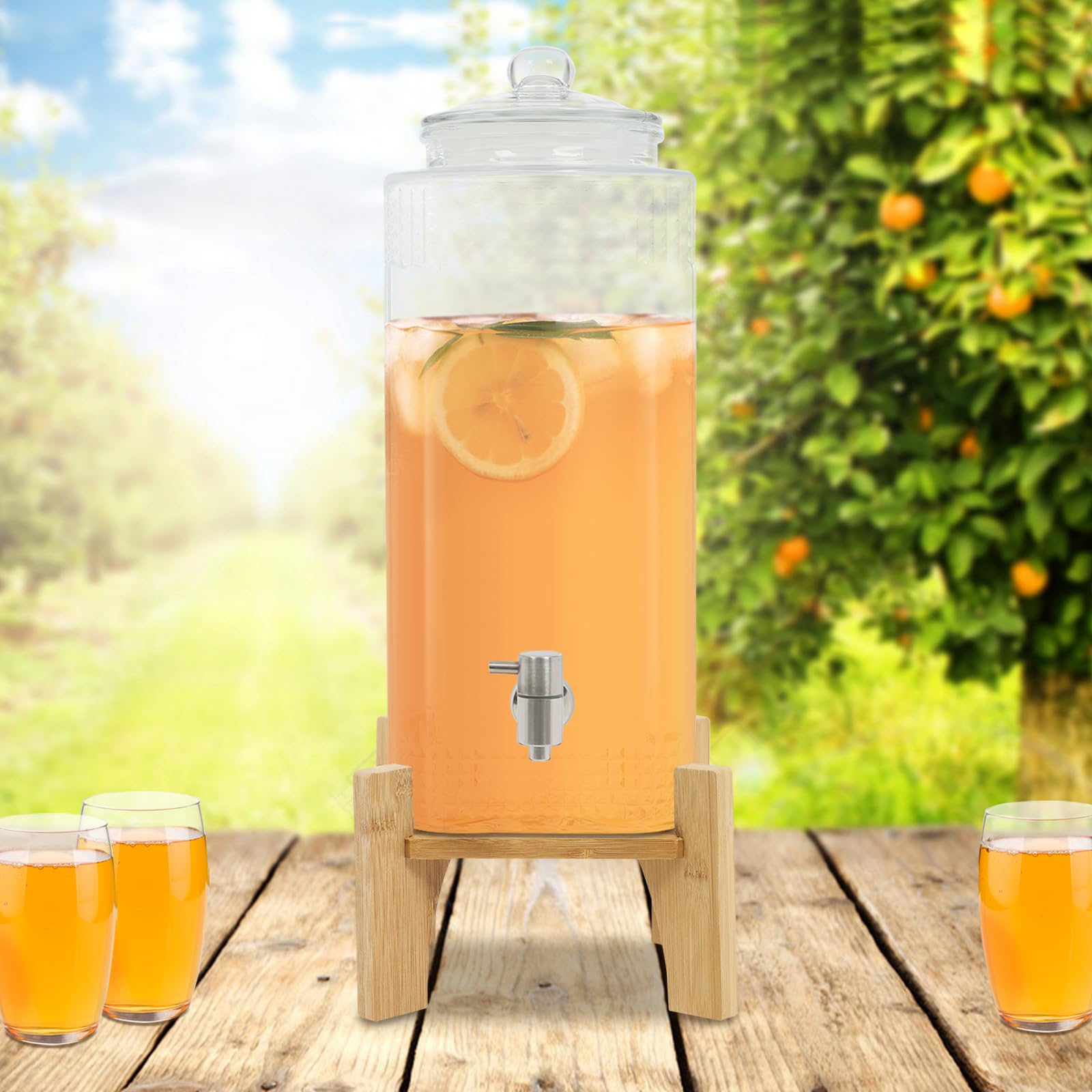 Distributore di bevande, dispenser di succo in vetro con rubinetto e supporto in bambù (10 l)