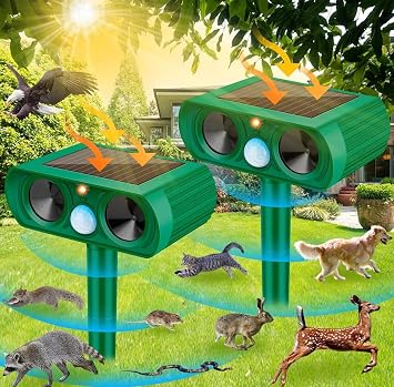 2 Pack Ultrasonic Animal Repeller Outdoor Solar Ultrasonic Repellent Animal Deterrent with Motion Sensor Waterproof Deterrent Scarer Repel Cat Dog Squirrel Raccoon Skunk Rats