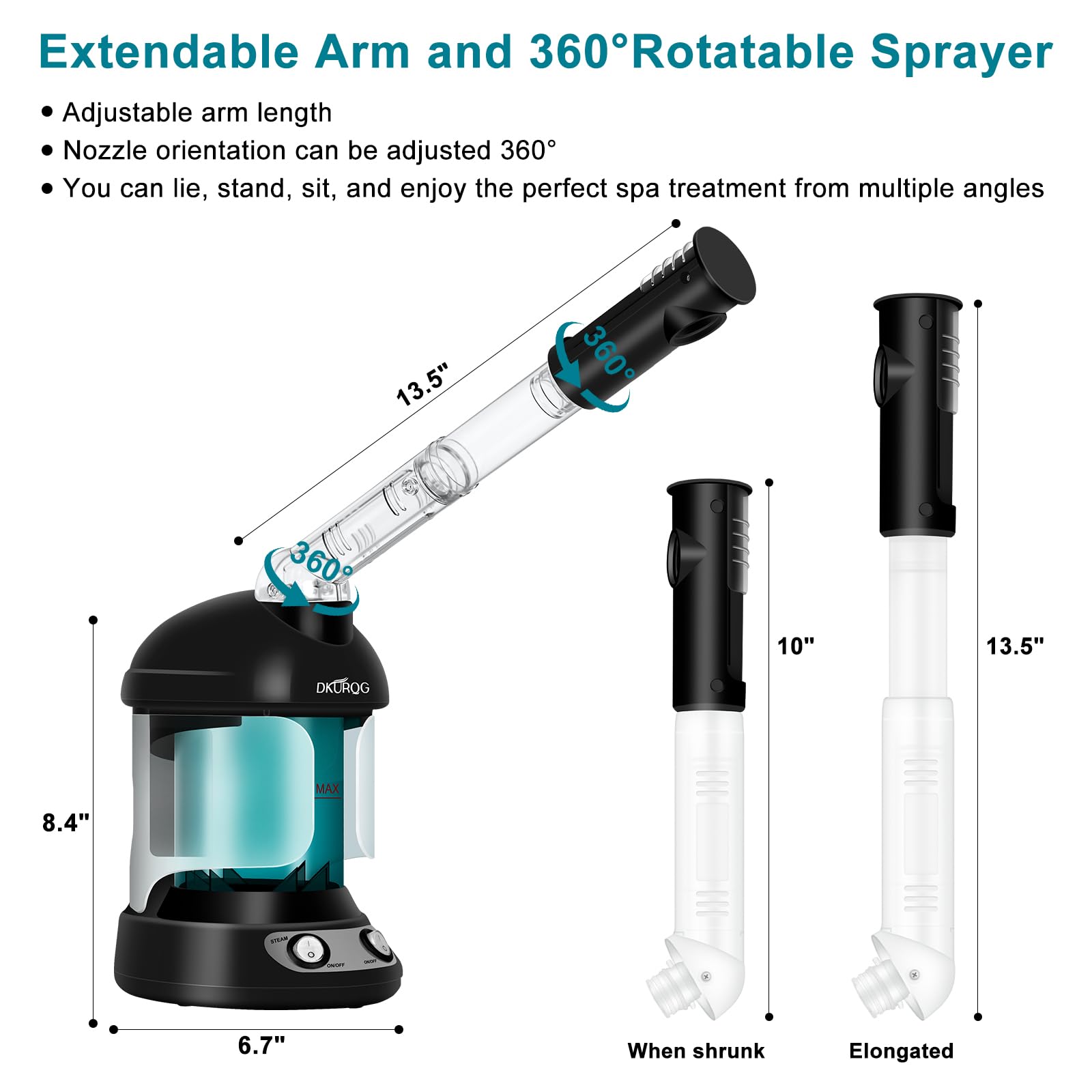 Facial Steamer with Extendable 360° Rotating Arm