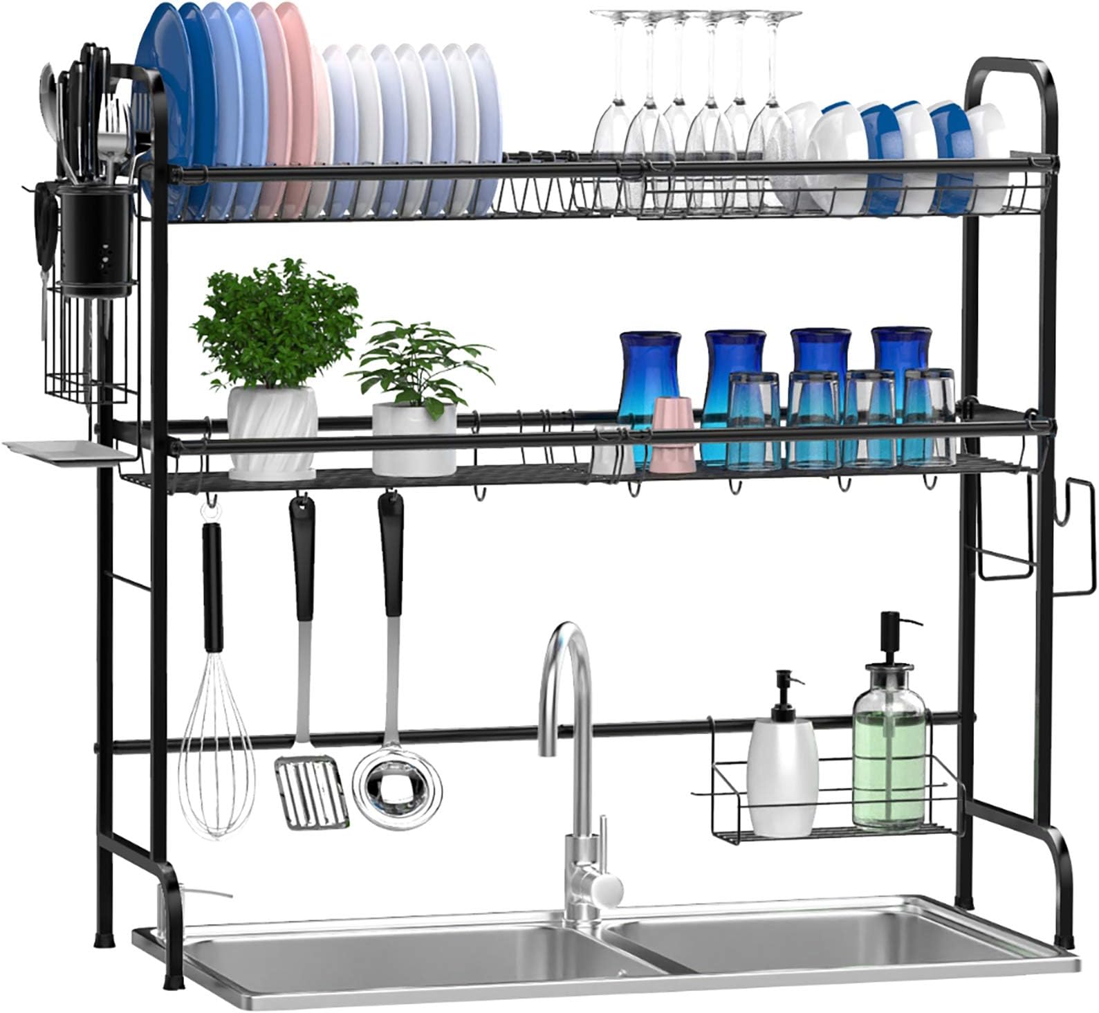 Over The Sink Dish Drying Rack, Ace Teah Dish Rack 2 Tier Above Sink Dish Drying Rack with Utensil Holder Hooks, Black