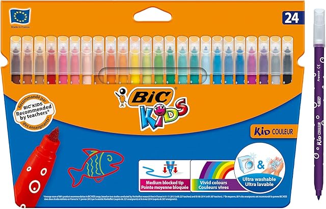 BIC Kids Kid Couleur, Washable Felt Tip Pens, Ideal for School, Assorted Colouring Pens, 24 Count (Pack of 1)