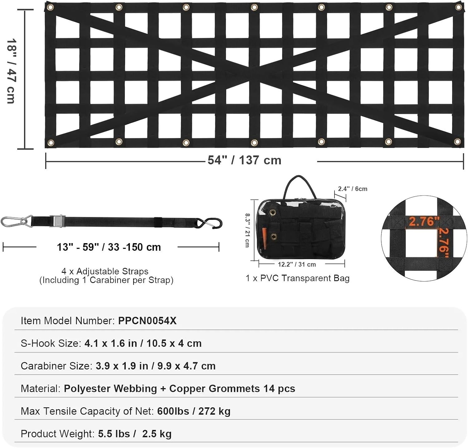 Universal Car Rear Trunk Net Mesh Elastic Tailgate Net with 4 Telescopic Straps Cargo Storage Organizer for Pickup Trailer