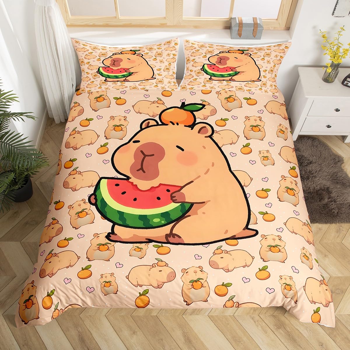 Homewish Kids Cartoon Capybara Bedding Set King, Capybara Decor Bed Set, Cute Rodent Animal Duvet Cover, Watermelon Orange Pink Love Heart Comforter Cover For Girls Boys Women Kawaii Room Decor