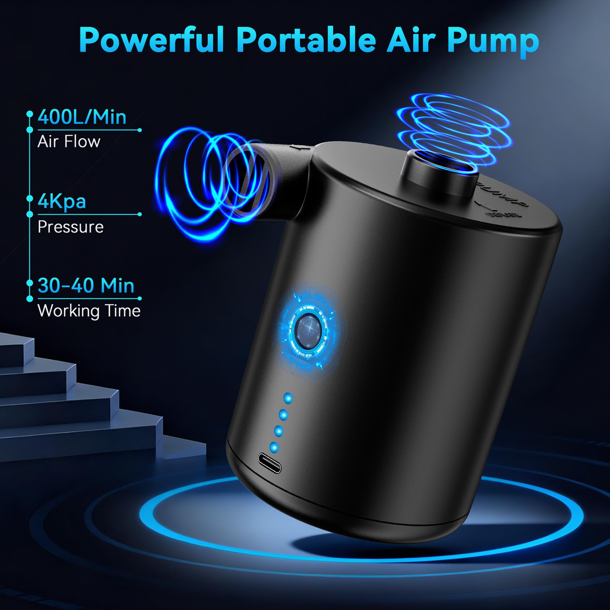 Pompe à air électrique rechargeable portable pour matelas gonflable avec 3 buses d'air, gonfleur rapide pour matelas et piscine
