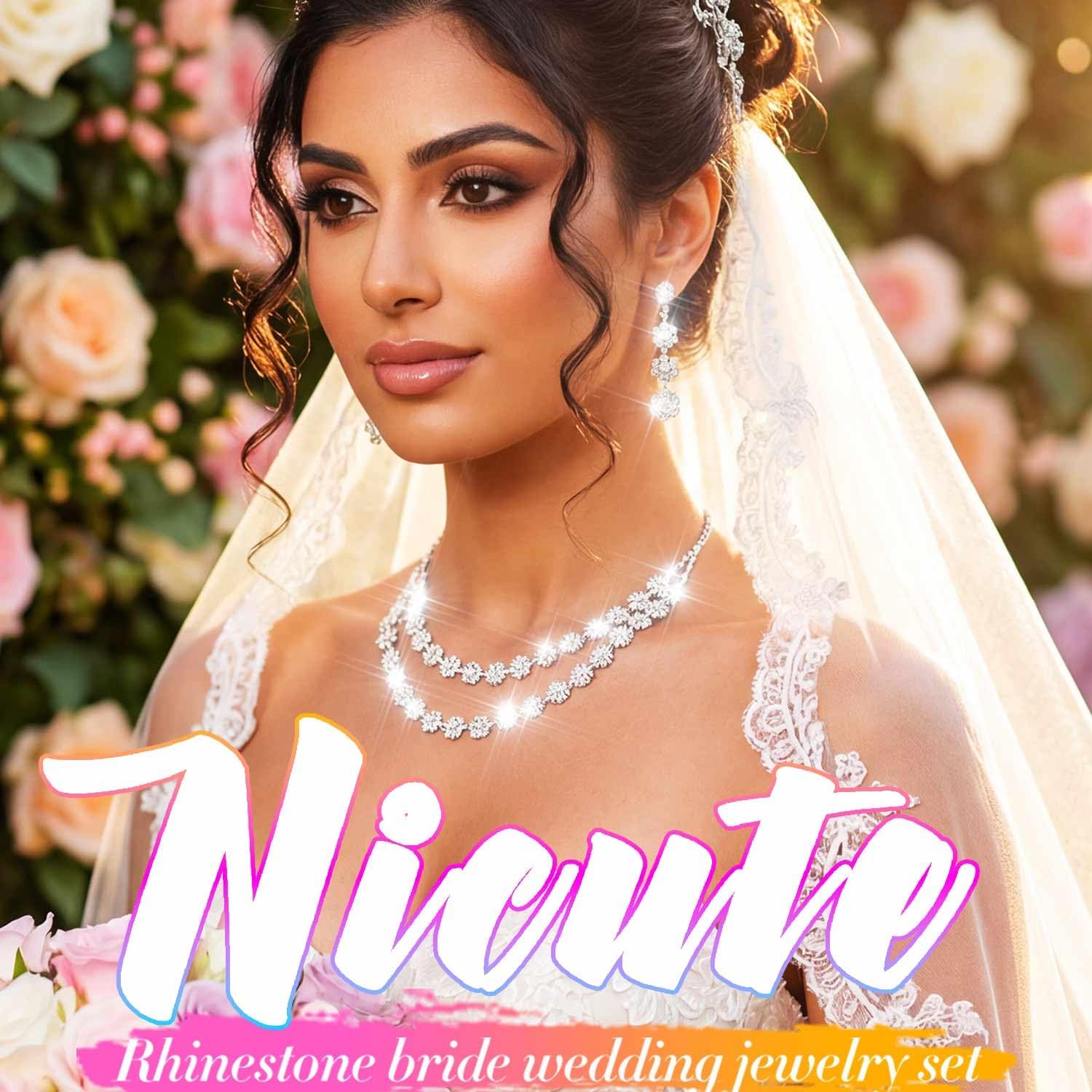 Nicute Rhinestone Jewelry Set Sparkly Necklace Earrings Set Fashion Wedding Prom Party Jewelry for Women (Silver) - Image 2