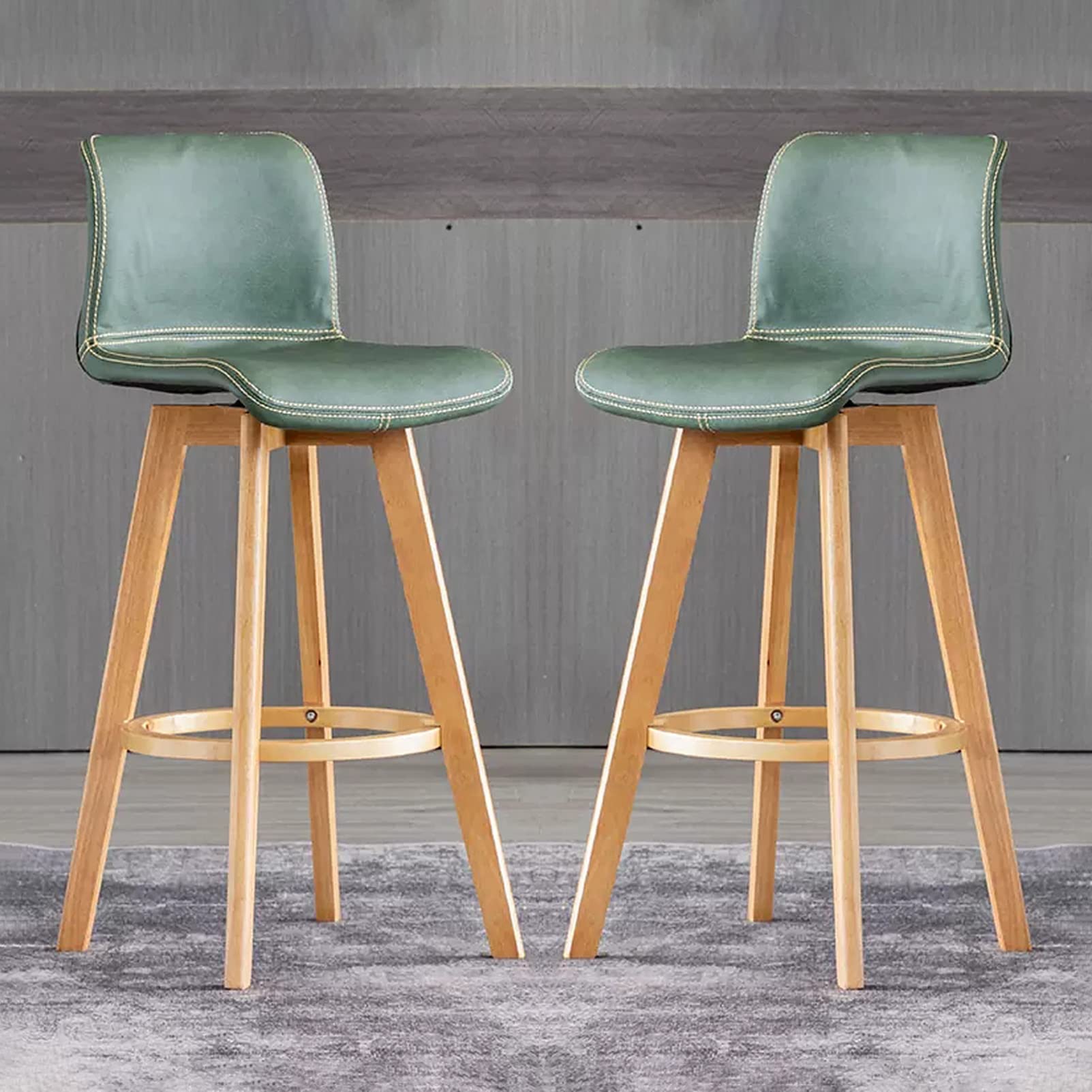 IUokLU Modern Faux Leather Bar Stool Adjustable Swivel Counter Height Bar Stool with Wooden Legs Stylish Bar Stools for Kitchen Island & Breakfast Bar Dining Room Furniture Khaki(Green-High:61CM)