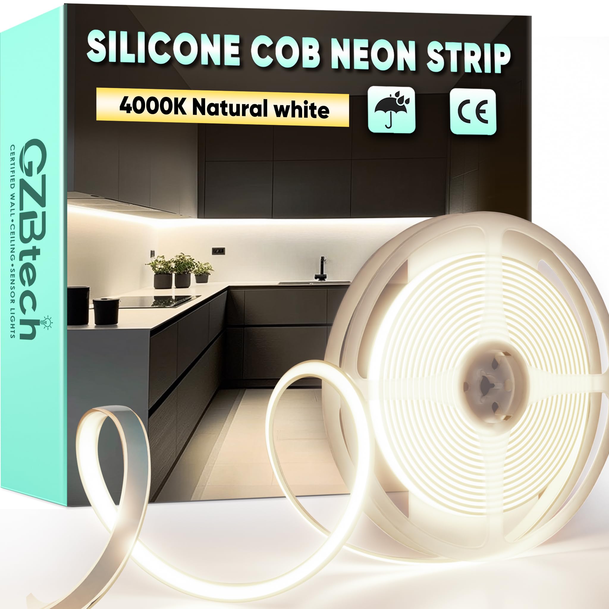GZBtech AC 230V COB LED Streifen 5M, Silikon Neutralweiss 4000K Wasserdicht 286LEDs/M Dimmbar Outdoor Neon Lichtleiste LED Strip Light für Schlafzimmer, Wand, Küche, Wohnzimmer,CE-zertifiziert