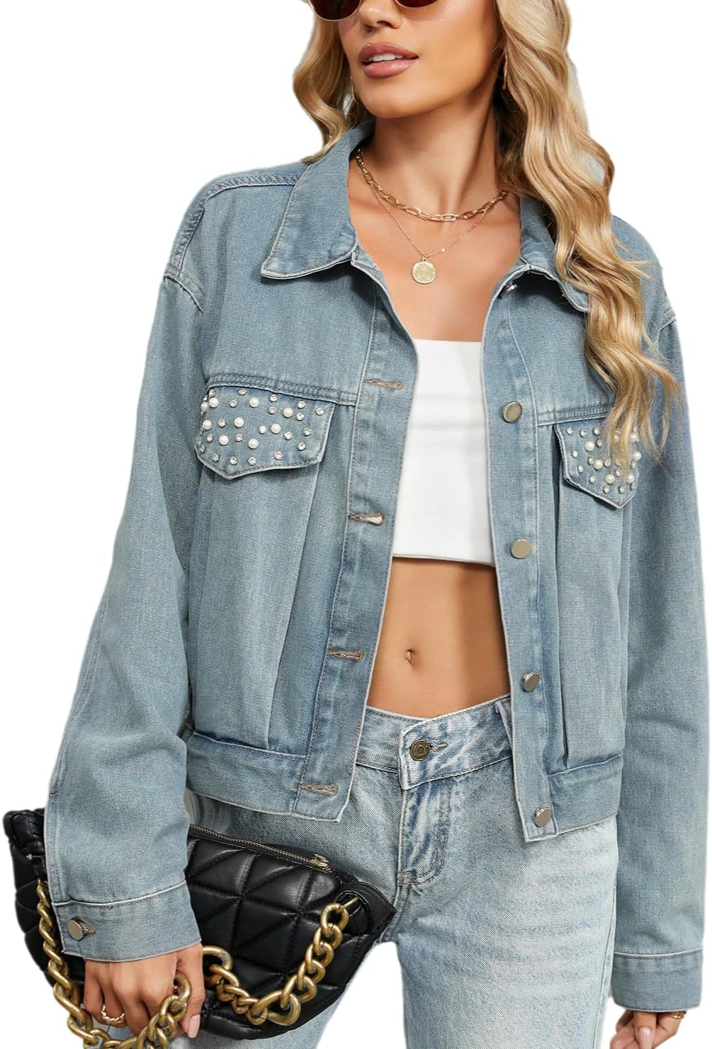 Women's retro diamond-set, embroidered stud classic long-sleeved casual autumn loose button-down denim jacket