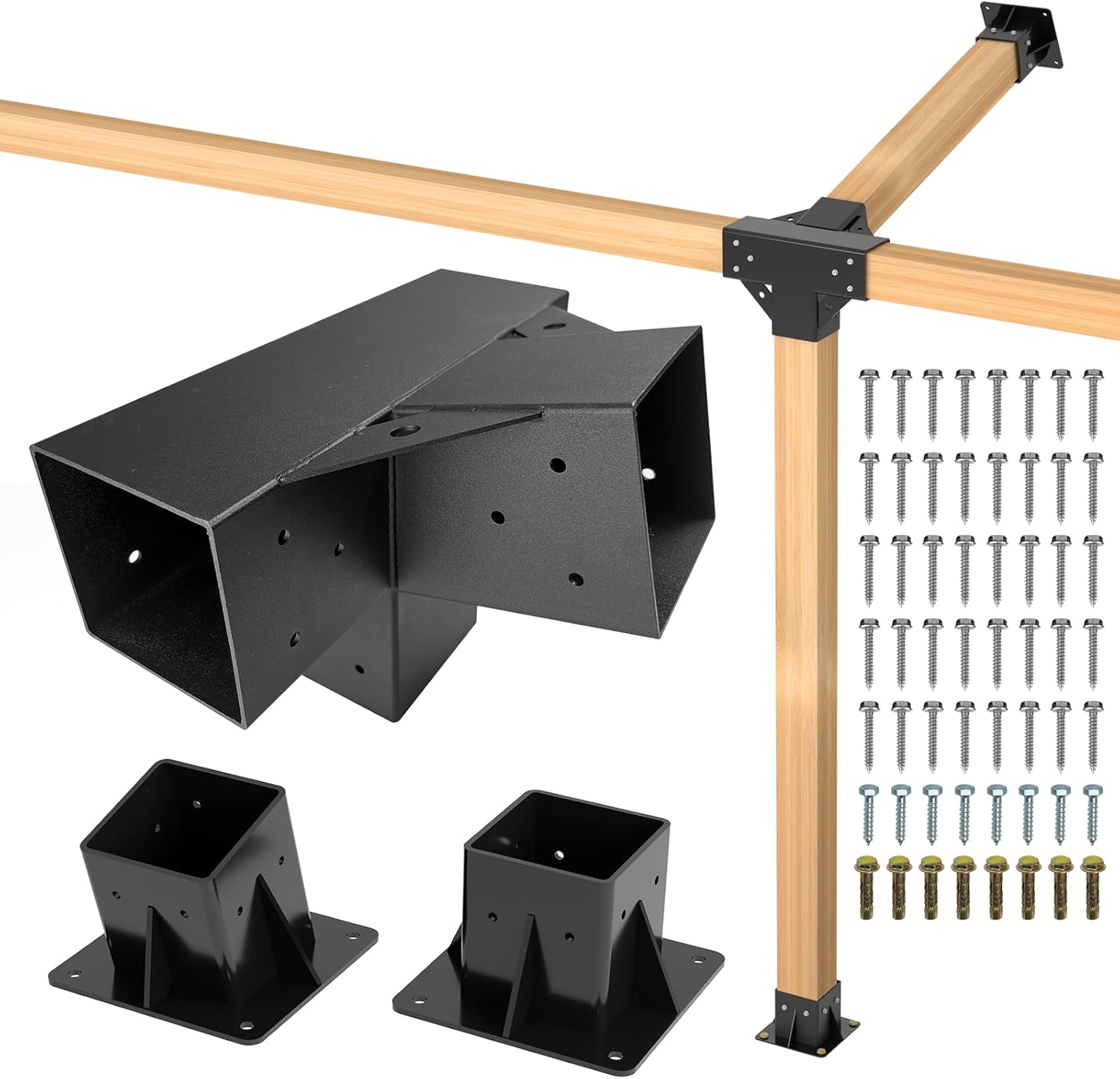 15° Lean Pergola Kit 4x4(Inner 3.64x3.64), 4-Way Slanted Pergola Roof Bracket, Post Base-Angled 4x4 Wood Post Bracket-DIY Gazebo Brackets-Hardware Kit for Outdoor Wood Beam Post Sunroom Carport Cabin 1PC 4-Way Slanted+1PC Base+1PC Slanted Base