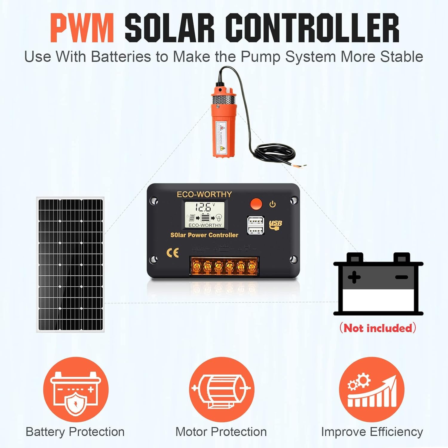 DCHOUSE 200W Solarpumpen Set, 24V Brunnenpumpe + 2 Stück 100W Solarpanel + Controller für netzunabhängige Bewässerung und Viehwasser – LIEFERUNG IN 2 PAKETEN