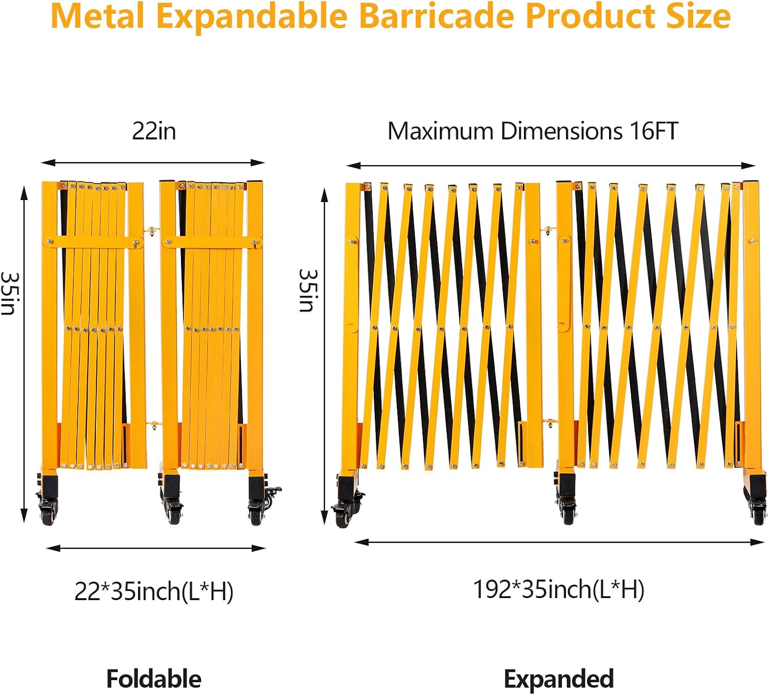 16FT Industrial Expandable Barricade Folding Security Gate with Wheels,Retractable Driveway Gate with Aluminum Fence and 270 Degrees Direction Adjustment(Yellow, 16FT)