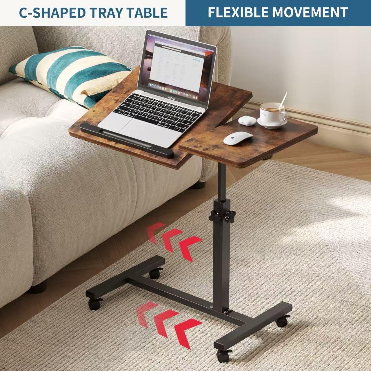 Overbed Tables,Bedside Table,Adjustable Height＆Protable Standing Rolling Desk,C-Shaped Home Office Desk for Livingroom and Bedroom,Brown