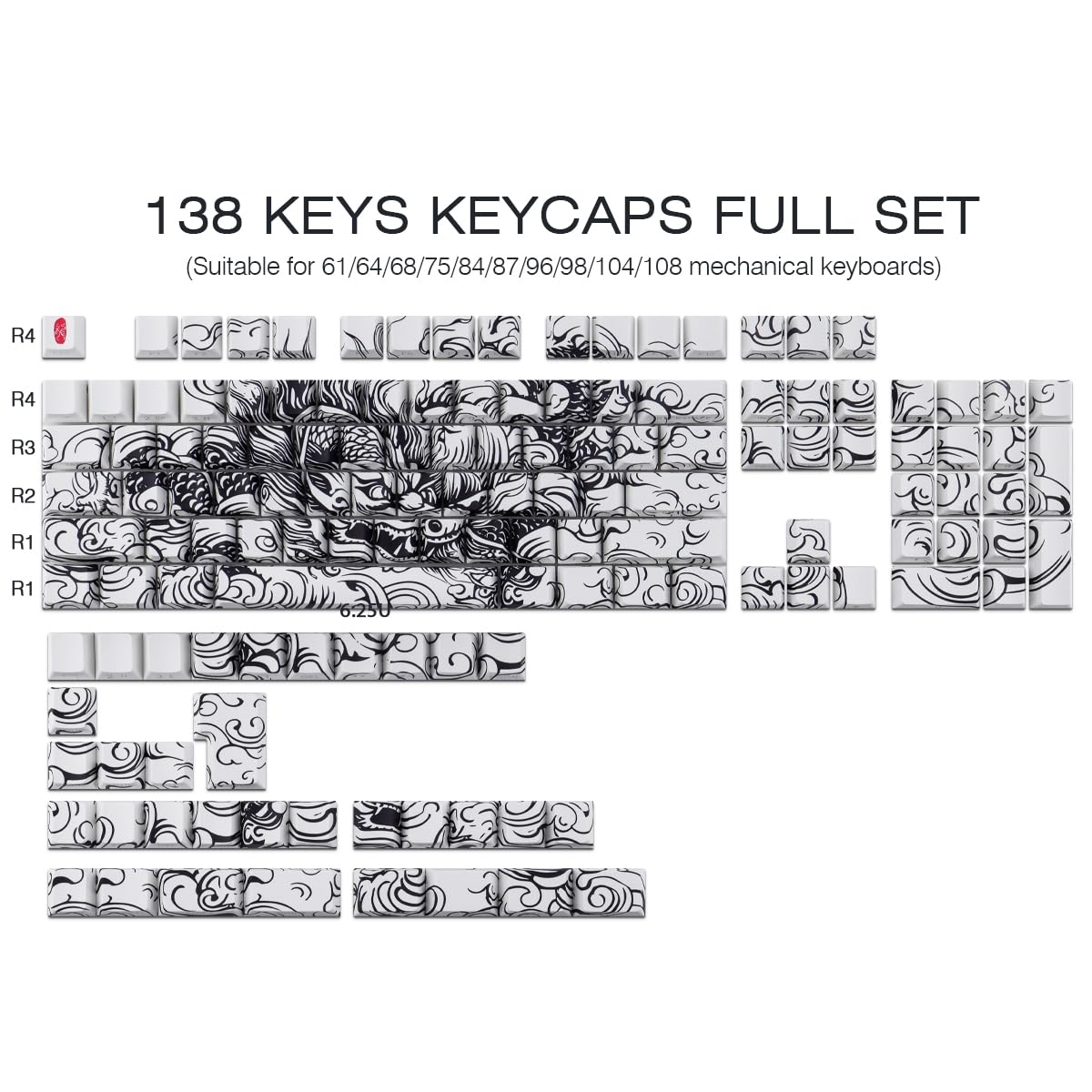 Sunzit PBT Keycaps, 138 teclas, color blanco, perfil de cereza, juego de teclas con barra espaciadora de 6,5 U, diseño de dragón, teclas personalizadas para MX Switches mecánicos, teclado de gaming