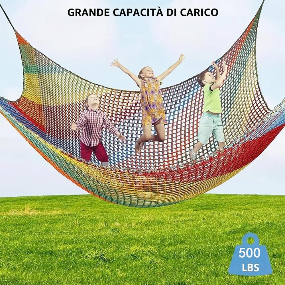 Rete da arrampicata per parco giochi, rete anti-caduta, rete di sicurezza per bambini, doppio strato, foro da 4 cm, con 6 ganci di sicurezza, borsa portaoggetti per bambini arrampicata (colorato, 2 x