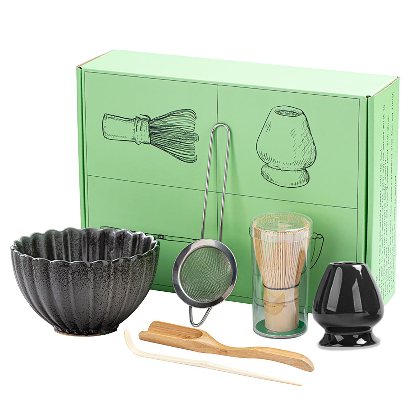 POWLAB 6Pcs/set matcha blender set bamboo tea brush teaspoon ceramic tea bowl tea stand matcha tool set dark gray